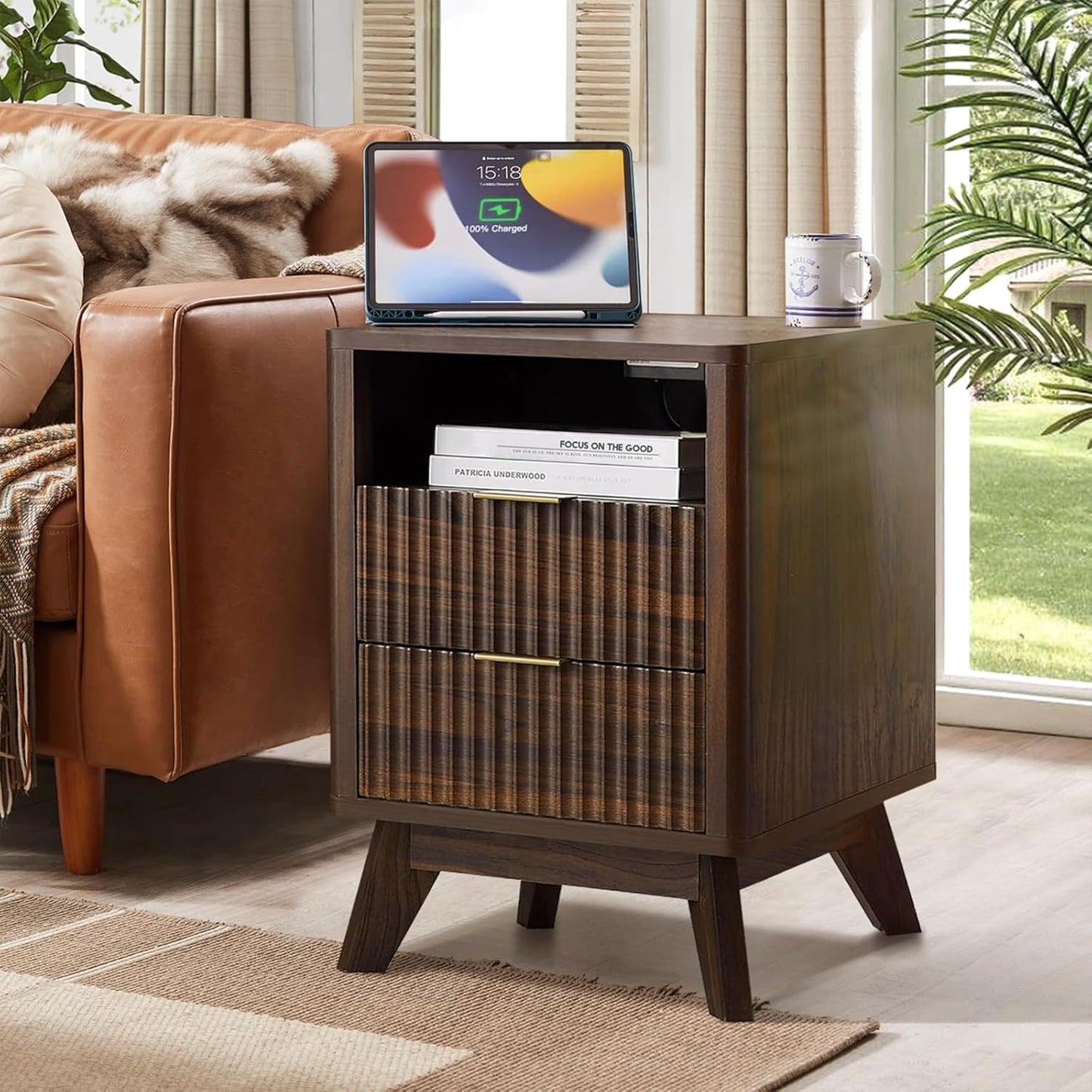 Fluted Nightstand - 24" Modern Bedside Table w/ 2 Drawers, Wood Bed Side End Table with Open Shelf, Night Stand with Storage Drawer, Curved Design Night Stands for Bedroom Living Room (Walnut)