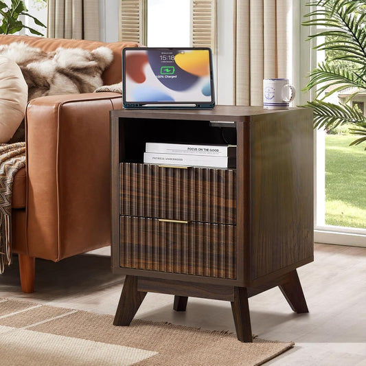 Fluted Nightstand - 24" Modern Bedside Table w/ 2 Drawers, Wood Bed Side End Table with Open Shelf, Night Stand with Storage Drawer, Curved Design Night Stands for Bedroom Living Room (Walnut)