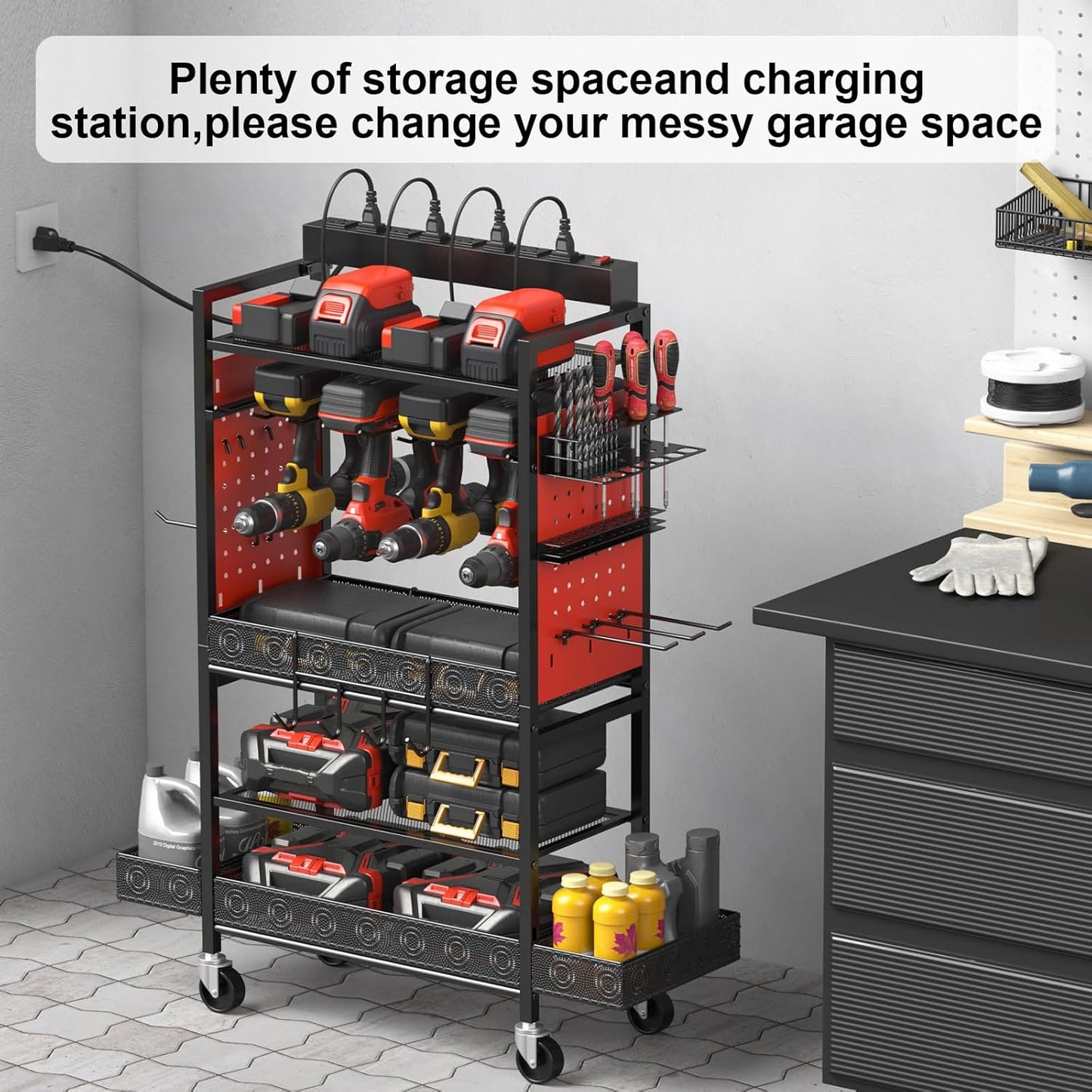CCCEI Garage Power Tools Organizer Cart with Charging Station, Black Floor Standing Rolling Drill and Tools Battery Storage Cart on Wheels. Red Utility Rack Gift for Men, Husband, Father.