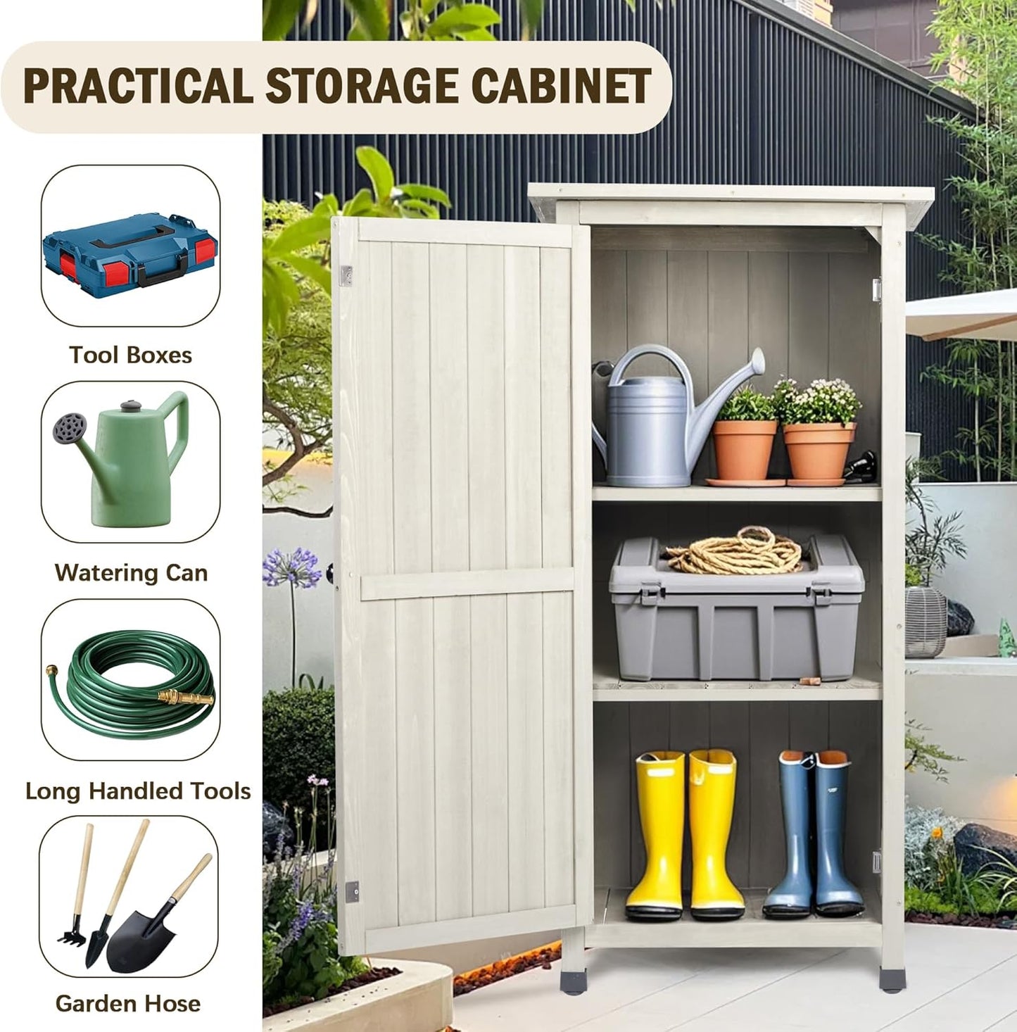 Wooden Outdoor Storage Cabinet, Vertical Garden Tool Shed with Waterproof Metal Roof & 2 Adjustable Shelves Ideal for Yard, Patio, Deck and Porch (Gray, 20" x 24" x 48")