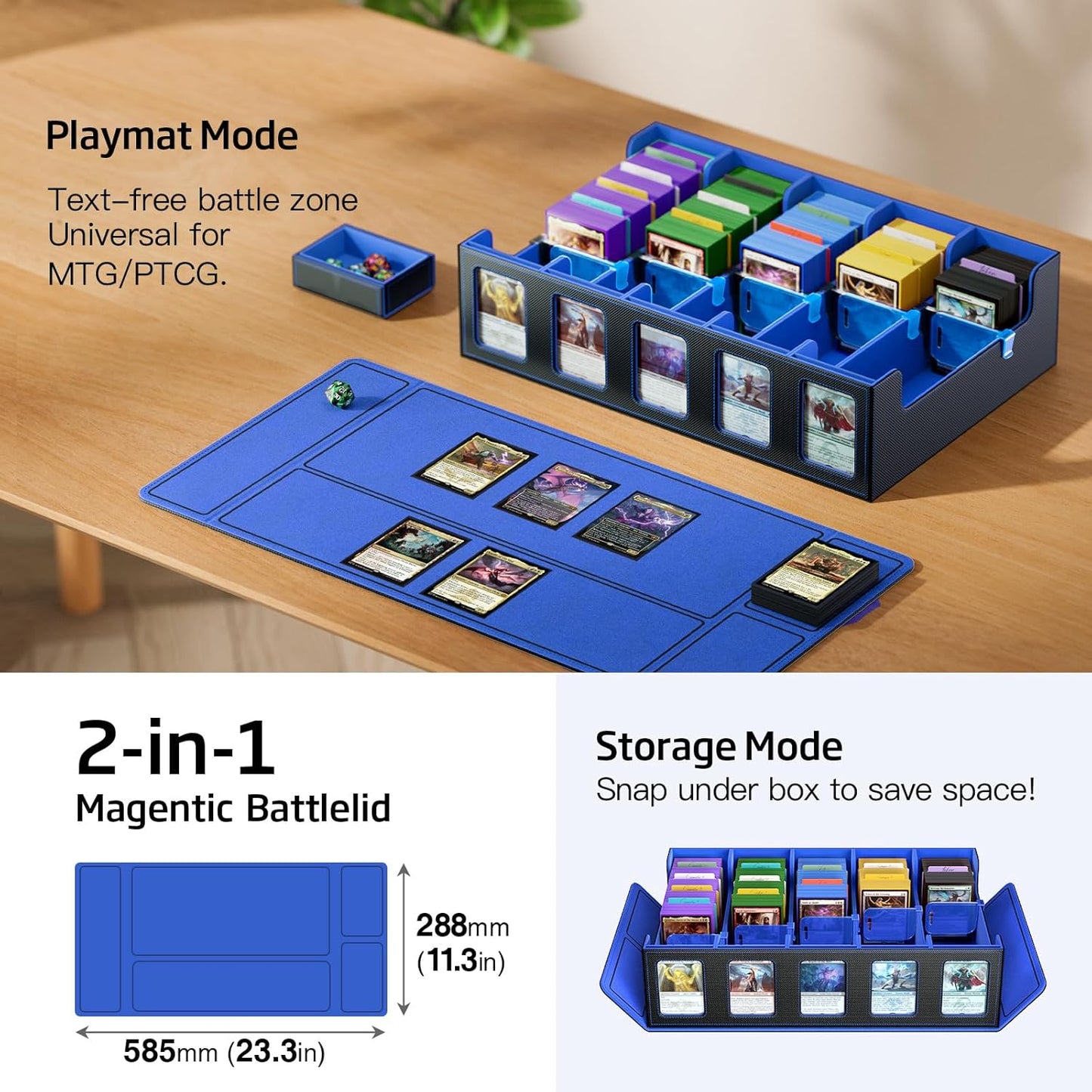 Trading Card Storage Box 5-Row 3900+ Capacity,TCG MTG Card Case with Magnetic Lid & Commander Display,Top Loader Storage for Sports Cards,Includes Dividers Dice Box（Black＆Blue）