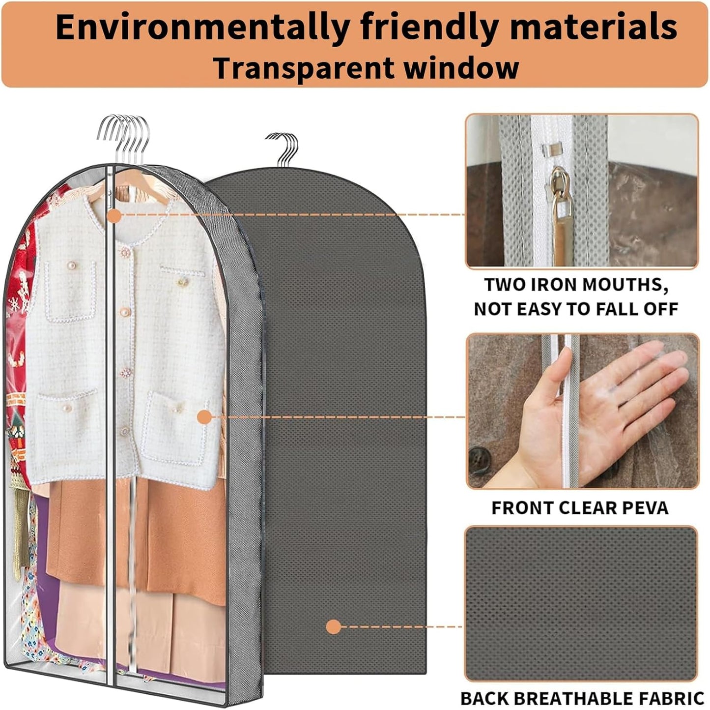 3 Pcs Garment Bags, 40" & 50" PEVA Moth-Proof Breathable Dust Cover, Hanging Clothes Covers with Bedroom, Suits, Padded Clothes, Shirts Prevent Dust