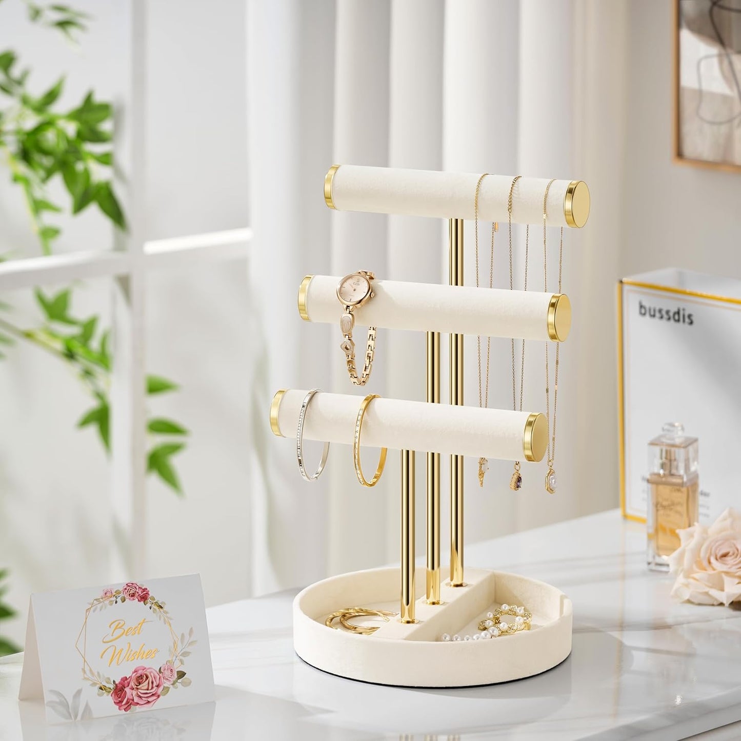 Bracelet Holder Jewelry Organizer Display - 3 Tier T Bar Velvet Stand, Beige Necklace Holder Organizer, Bracelet Holder, Earring Holder and Ring Display for Jewelry Organizers and Storage