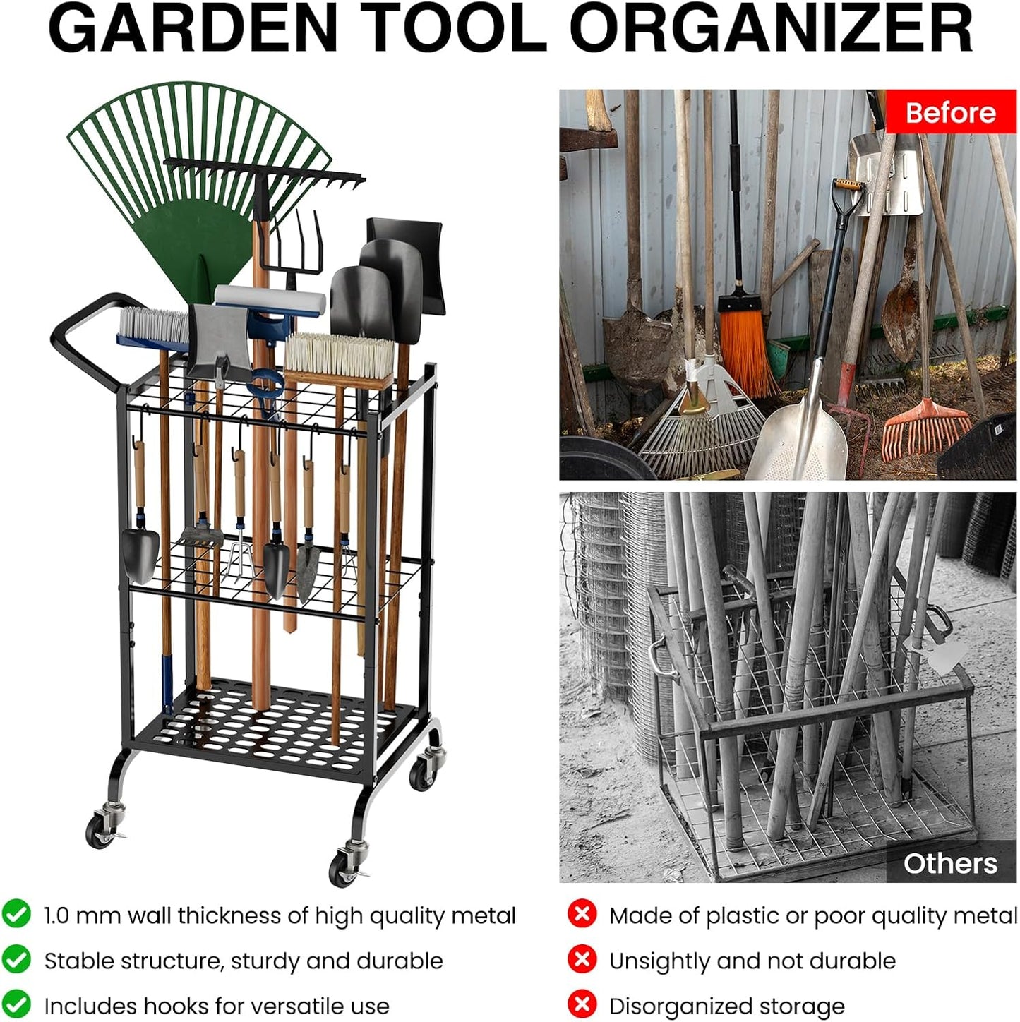 Garden Tool Organizer with Wheels, Yard Tool Tower Rack for Garage Organization and Storage, Up to 35 Long-Handled Tools,Metal Tool Holder with 6 Hooks, Black