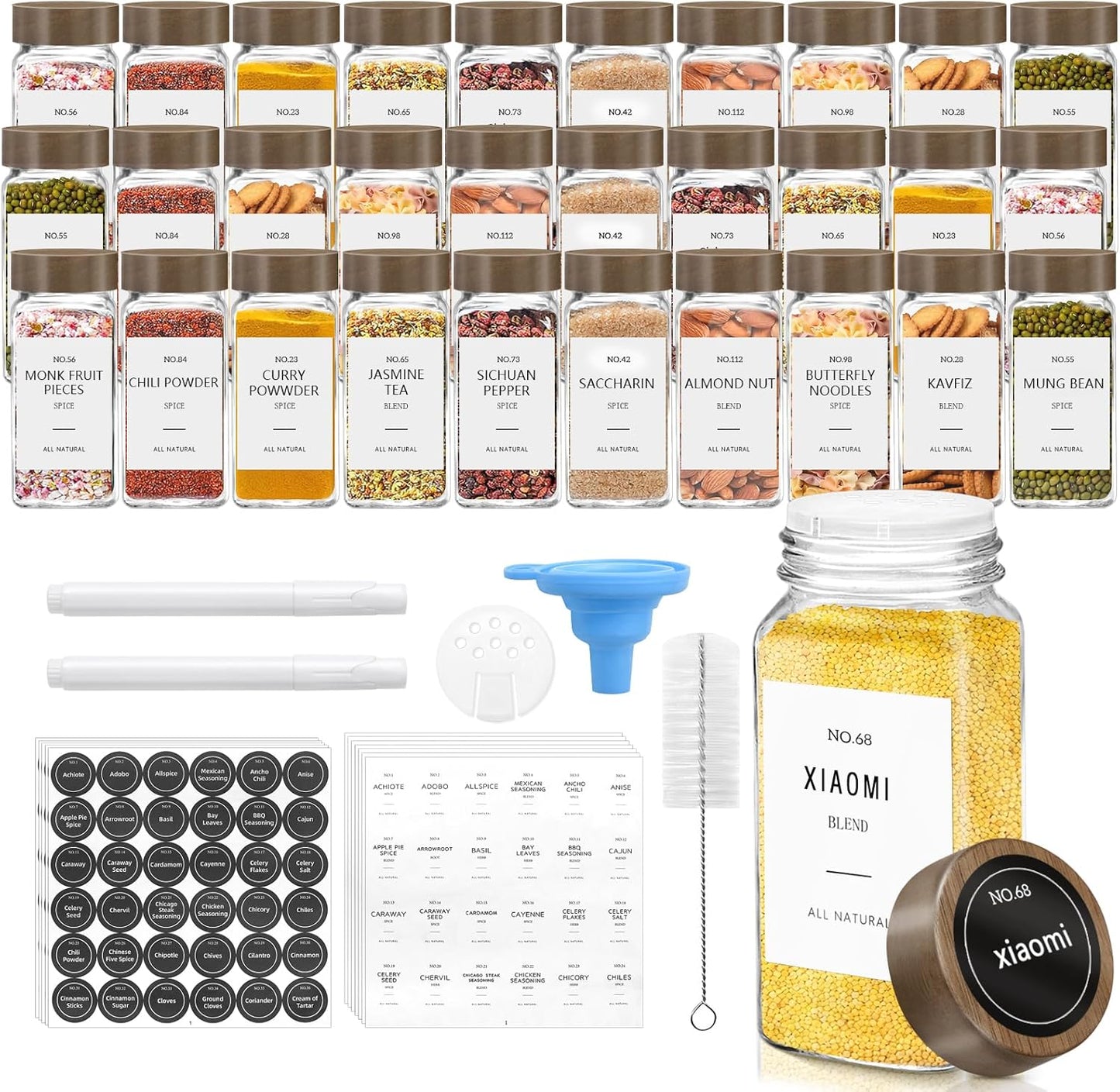 ZEHIQ 12Pcs Glass Spice Jars with Acacia Wood Lids, 4 oz Square Seasoning Containers with Labels, Seasoning Jars with Shaker Lids, Chalk Pen, Funnel, Cleaning Brush, Spice Bottles for Cabinet, Drawer