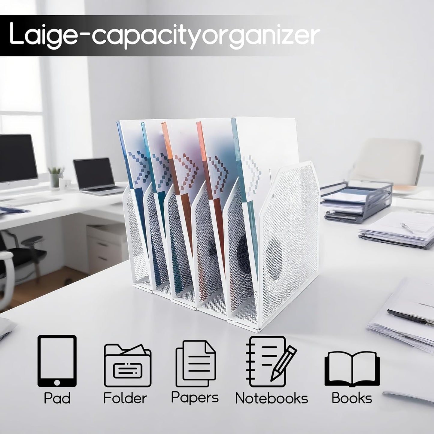 Adjustable Desk File Organizer,Detachable Office Folder Organizer,Compact Vertical Desk File Holder,Wrought Iron Paint,Suitable for Home, School, Office Classrooms (White - 5 grids)