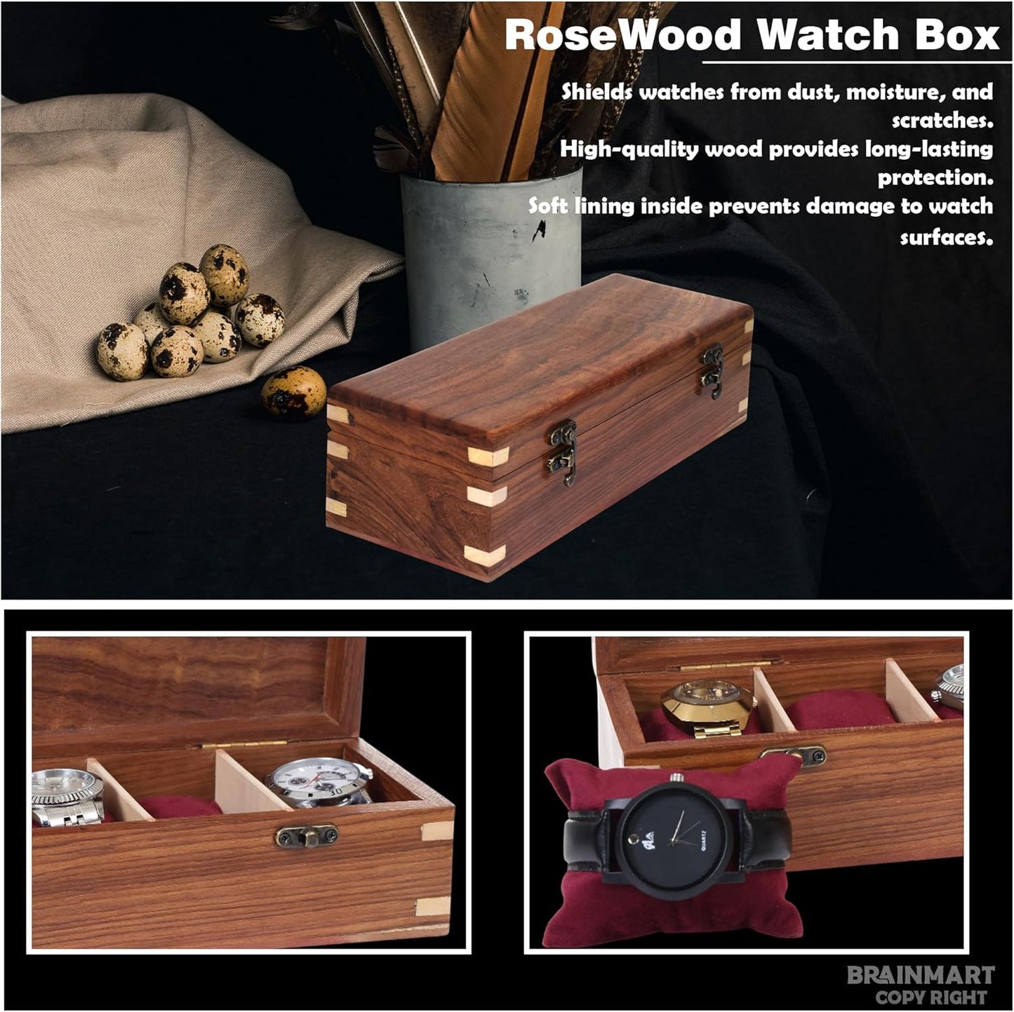 Wooden Watch Box for Men & Women, Watch Organizer & Display Case, Premium Long-Lasting Watch Holder for Storage, Elegant Gift for Watch Collectors (Wood Top, 5 Slots)