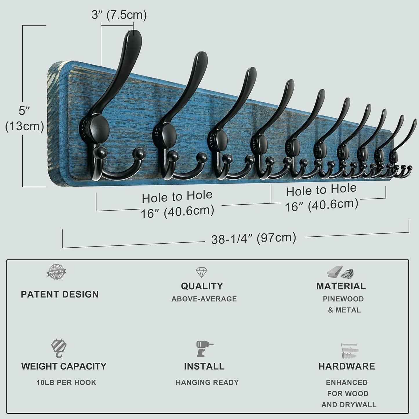Dseap Coat Rack Wall - Heavy-duty 38-1/4" Long, with Reinforced 10 Custom Tri-Hooks, Solid Wood Wall Hanger for Coats Hat Jackets - Rustic Farmhouse Entryway Storage, Weathered Blue & Black, Pack of 2