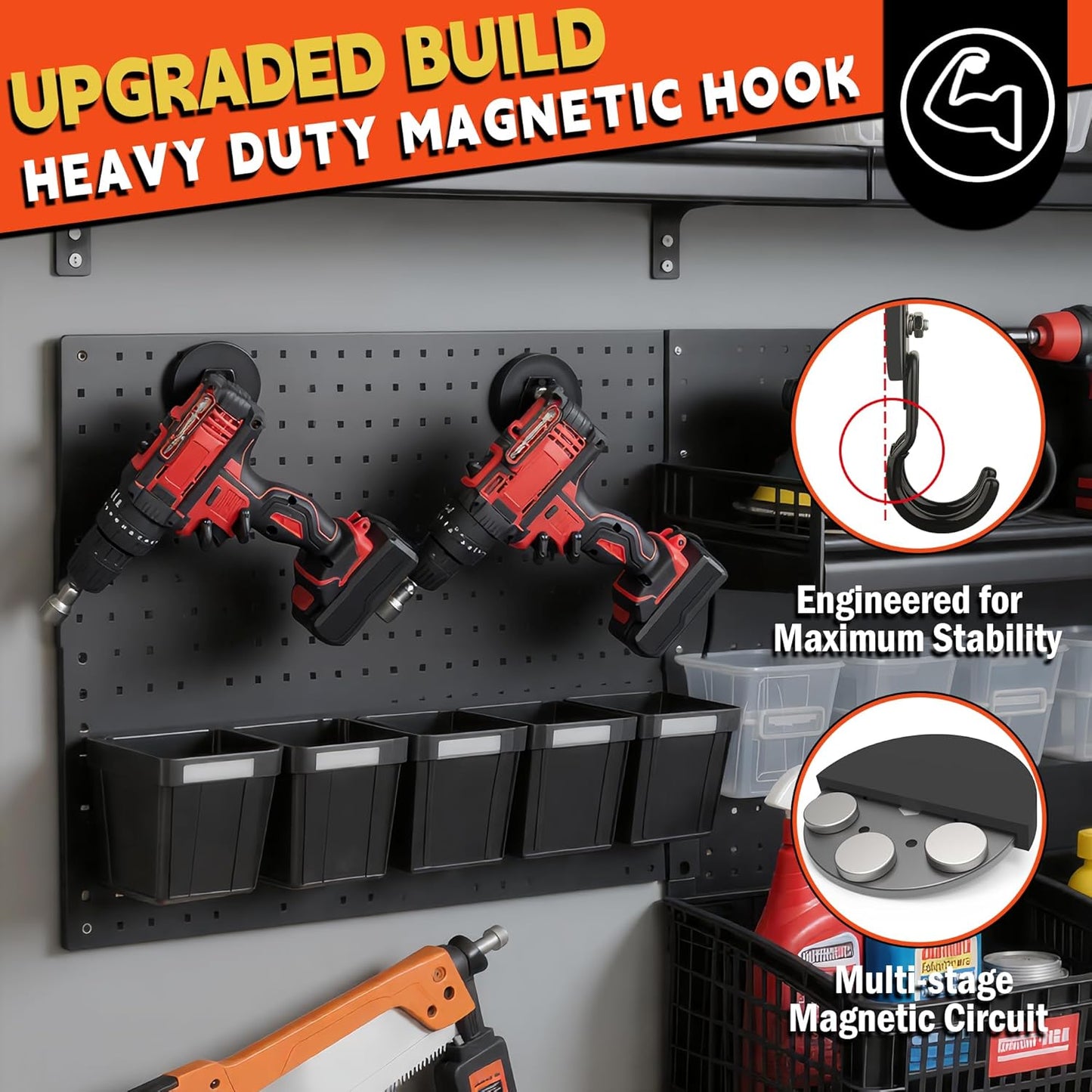 ULIBERMAGNET New Upgraded Garage Magnetic Hooks, 2 Pack Black Heavy Duty Large J Hooks with Magnet, Black Strong Anti-Slip Coating Magnet Hooks for Garden Tools, Ropes,Drill,Metal Cabinet,Pegboard