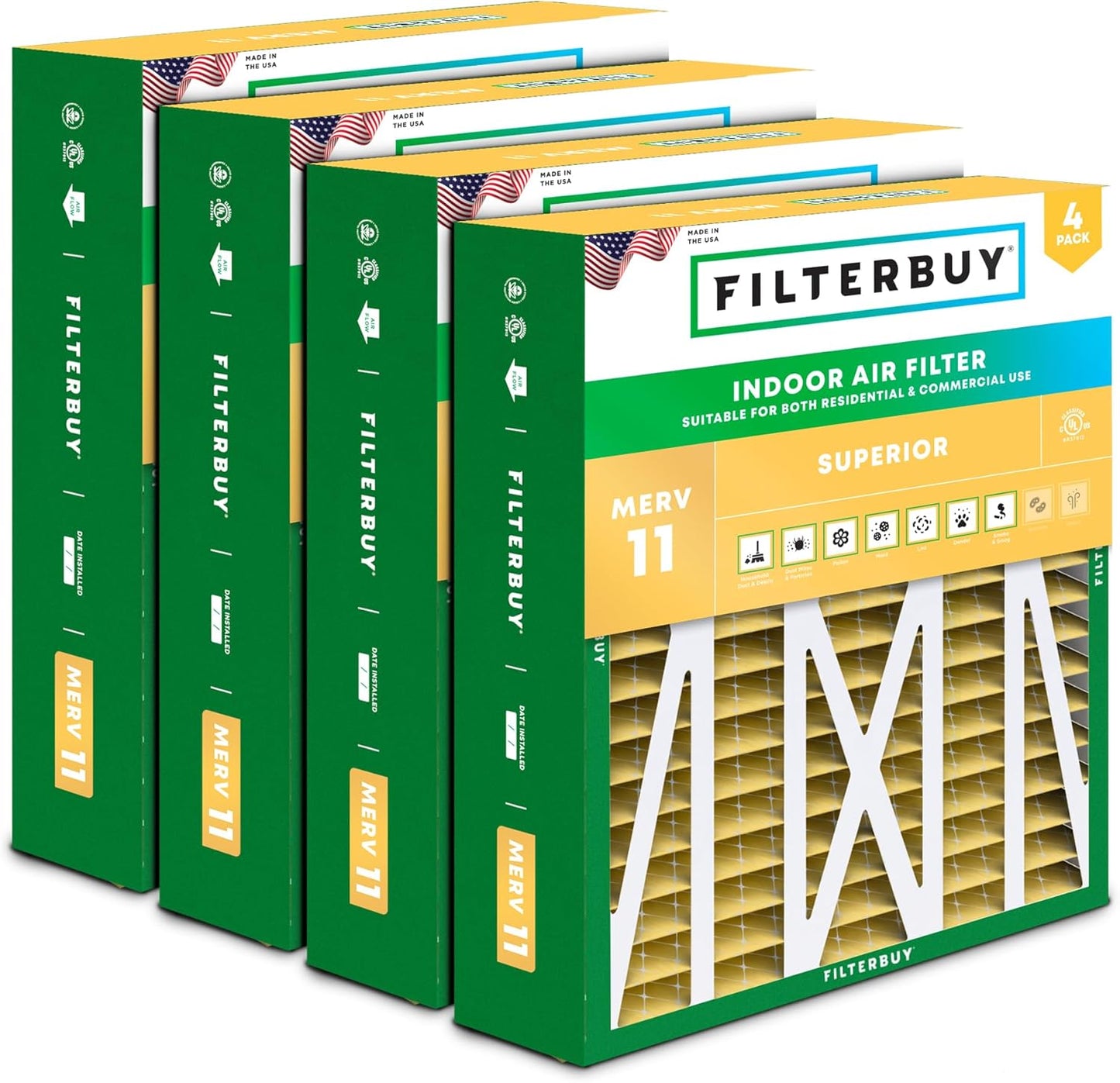 Filterbuy 20x23x5 Air Filter MERV 11 Superior Pet & Allergy Defense (4-Pack), Pleated HVAC AC Furnace Filters for Bryant, Carrier, BDP, Day & Night, and Payne (Actual Size: 19.81 x 22.56 x 4.25)