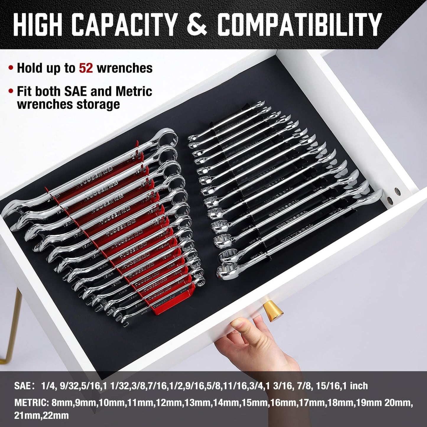 ALOANES 52-Slot Metal Wrench Organizer, Heavy Duty Tool Tray for Tool Box, Fit SAE & Metric Wrench Storage, 4 Pack Wrenches Holders(Black)