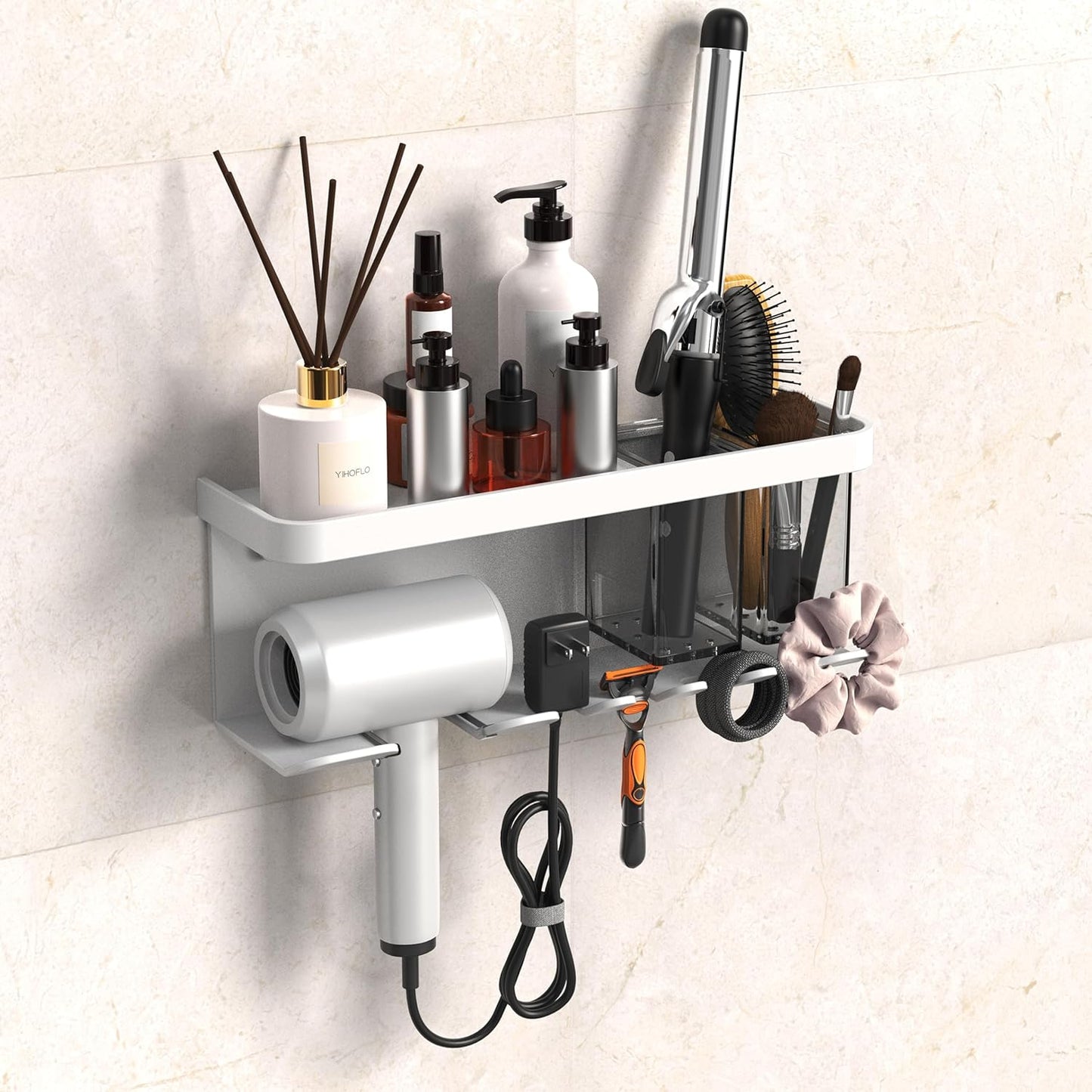 Hair Dryer Holder Wall Mounted Adhesive/Drilling, Hair Dryer Storage Organizer with Shelf & Hooks for Bathroom, Blow Dryer Holder, Hair Tool Organizer (White)