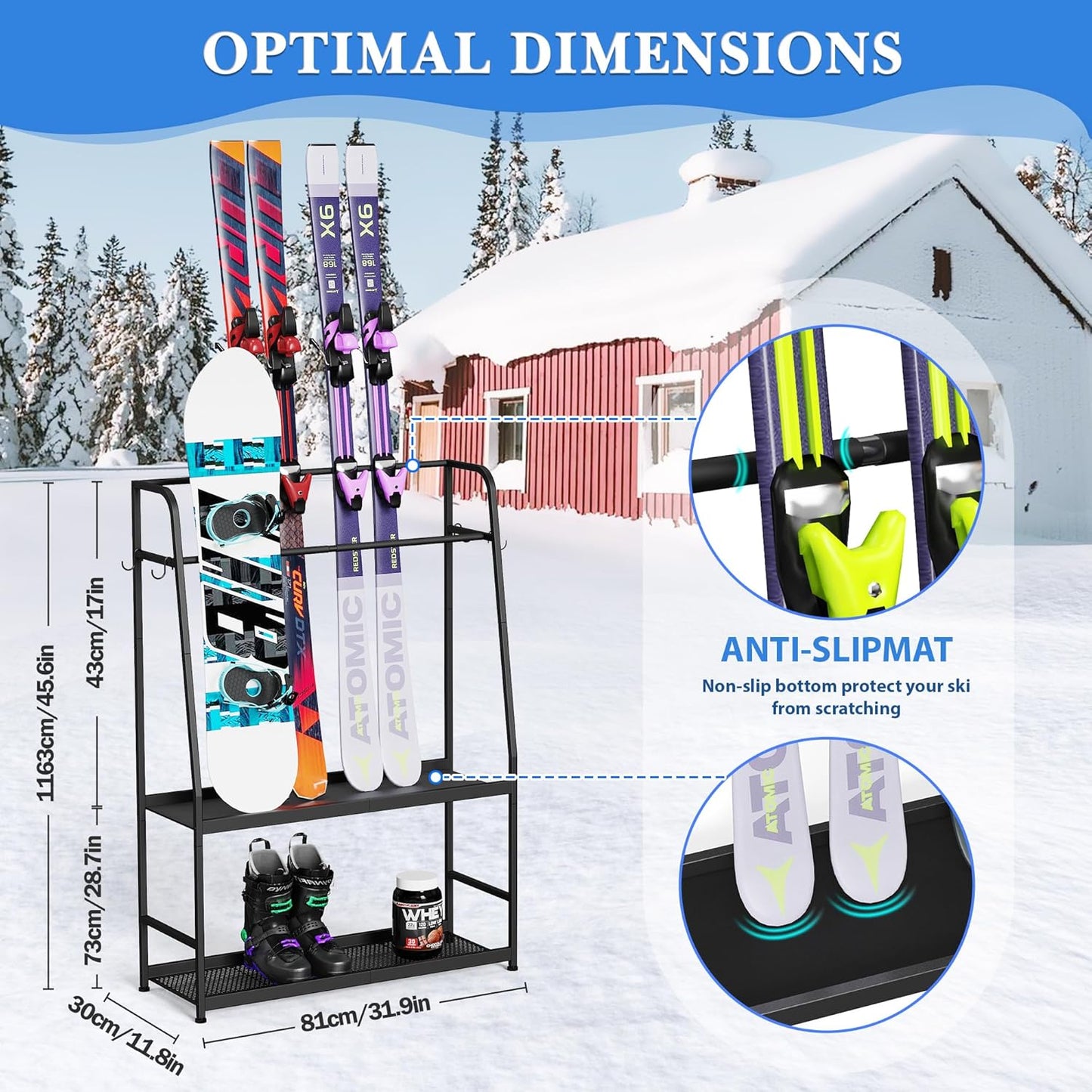 Ski Rack for Garage,Freestanding Snowboard Rack for Ski,Snowboard, Ski Boot, Ski Poles, Goggles, Helmet and More, Heavy Duty Steel Floor Stand Ski Organizer for Garage Basement