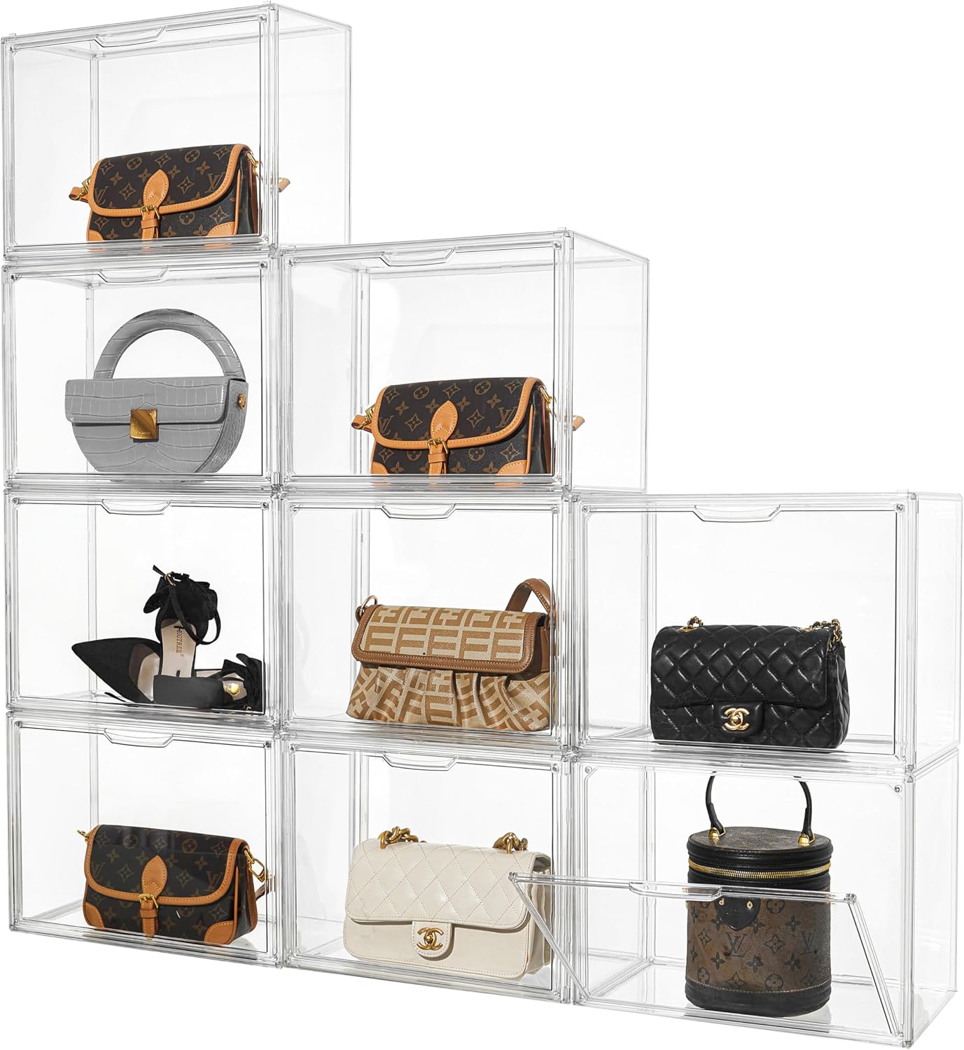 Attelite Purse Organizer for Closet,9 Pack Clear Acrylic Display Case for Handbag Organizer, Purse Storage Box with Magnetic Door, Plastic Storage Bins for Book, Collectibles, Cosmetic