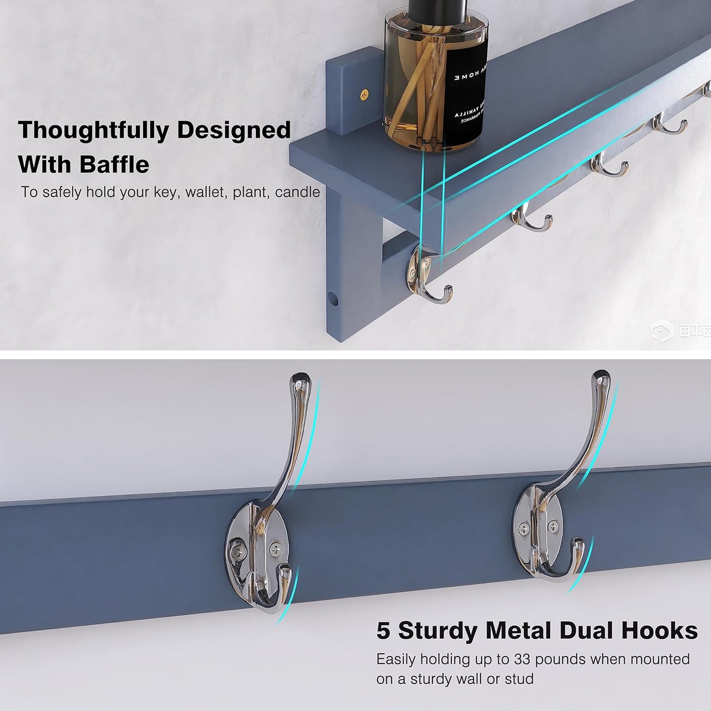 SMIBUY Coat Hooks with Shelf Wall-Mounted, 29.2 Inch Entryway Coat Rack for Wall, Bamboo Hanging Shelf with 5 Double Metal Hooks for Bathroom, Bedroom, Kitchen, Living Room, Mudroom (Grey)