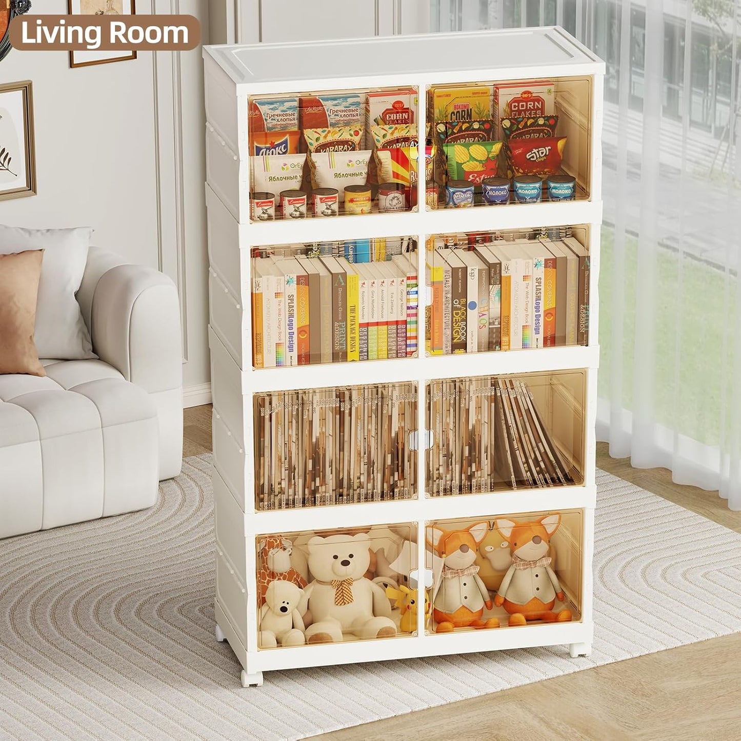 320 QT Extra Large Collapsible Storage Bins, 4 Tier Stackable Storage Bins for Closet Bedroom, XX-Large Plastic Containers with Wheels, Storage Cabinet with Magnetic Doors, White (320QT-4Tier)