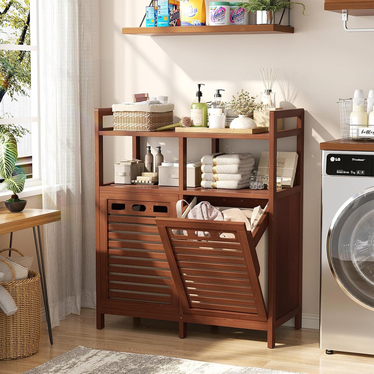 Homykic Tilt Out Laundry Hamper Cabinet, Bamboo Double Laundry Hamper with 2 Removable Laundry Baskets, 20 Gal Laundry Sorter Organizer with Shelf for Dirty Clothes, Bathroom, Laundry Room, Walnut