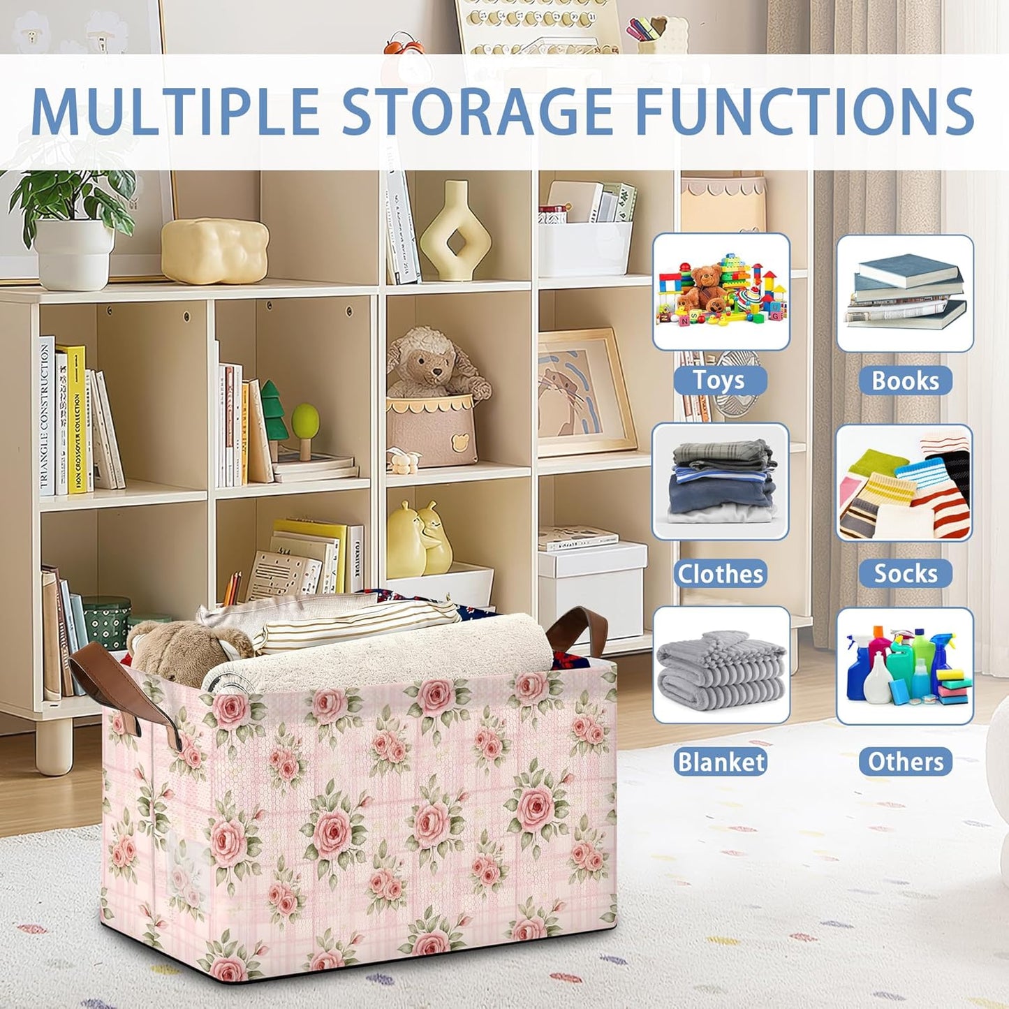Vintage Pink Rose Storage Baskets,Foldable Large Capacity Organizer Bins with Waterproof Lining and Leather Handles for Closet,Shelf,Bedroom 17x11.5x10Inch