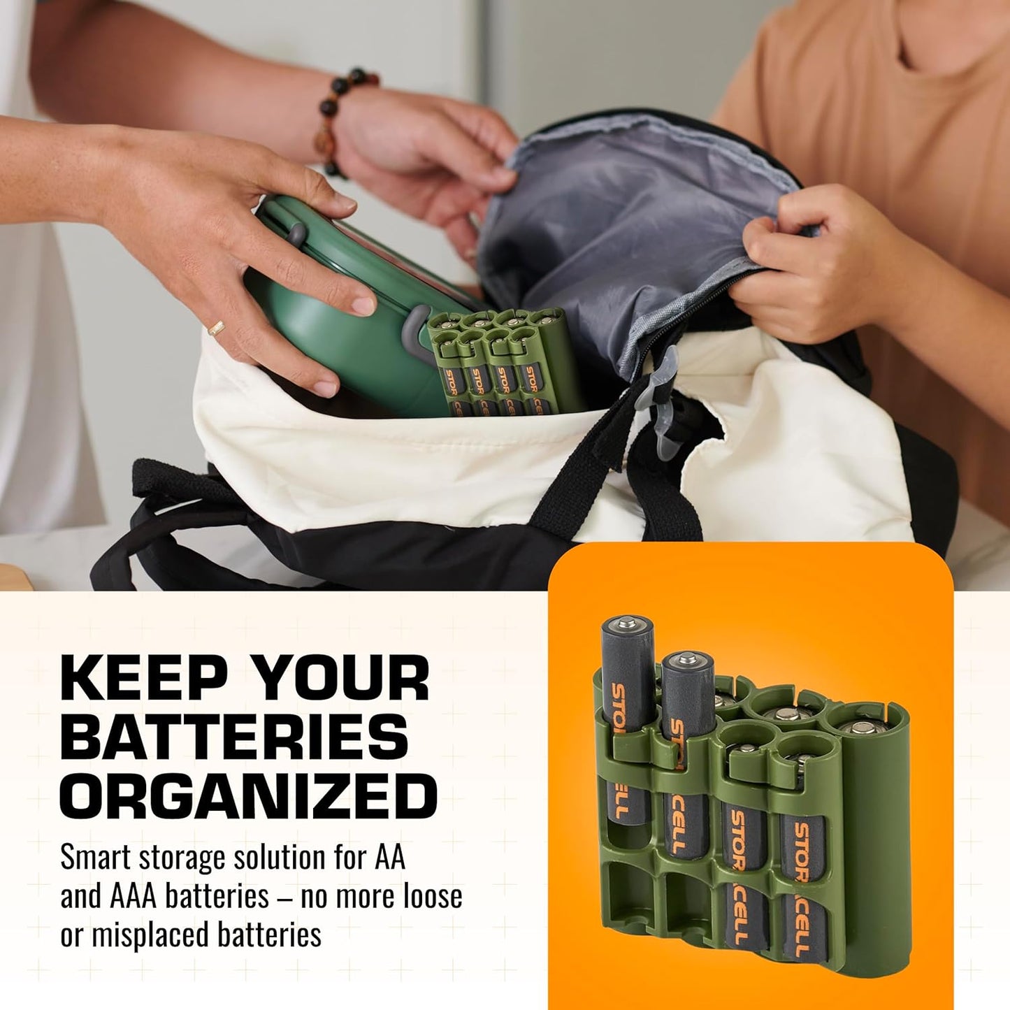 Storacell AA + AAA Combo Battery Storage Caddy and Dispenser, Military Green, Holds 4 AA + 4 AAA Batteries (Not Included), Durable & Compact Design, The Original Battery Caddy, Made in The USA