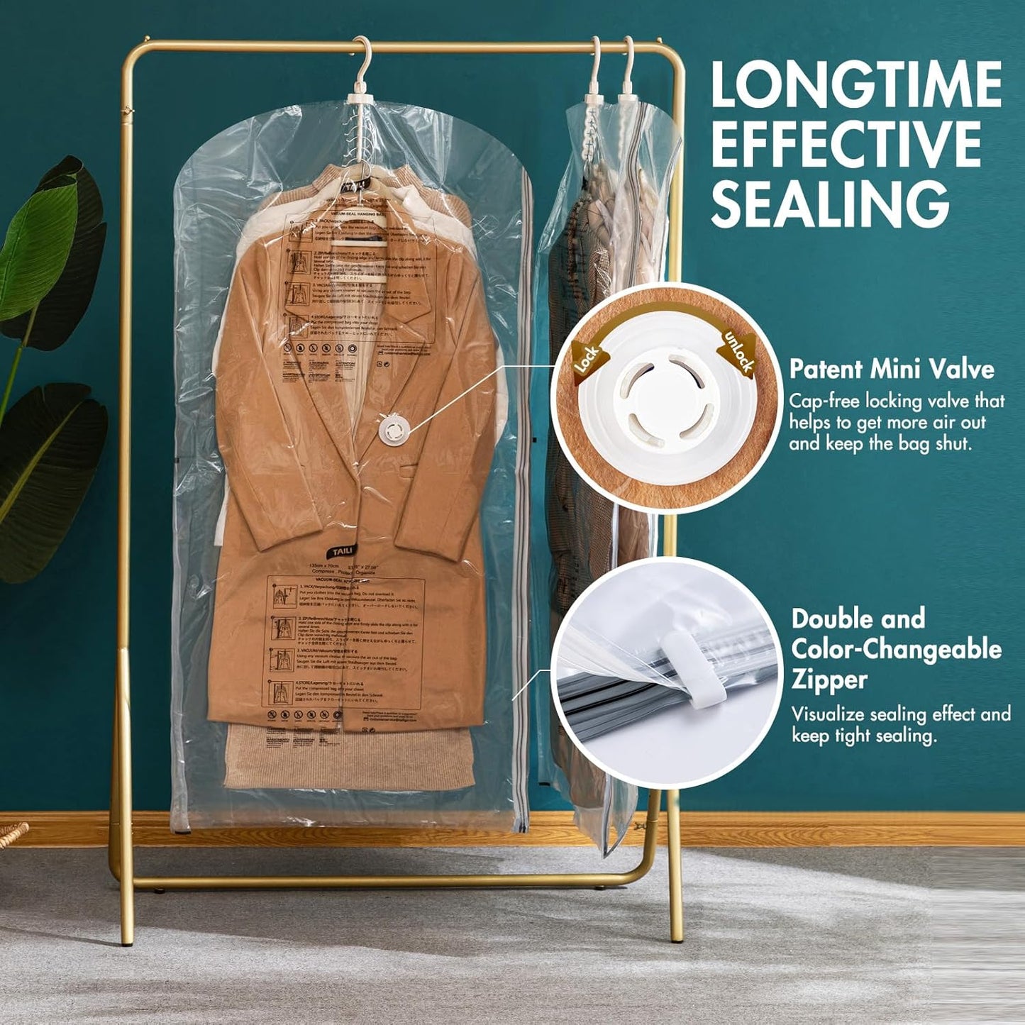 TAILI Hanging Vacuum Sealer Storage Space Saver Bags for Clothing, Suits and Jackets, Closet Organizers, 6 Pack Jumbo Clear