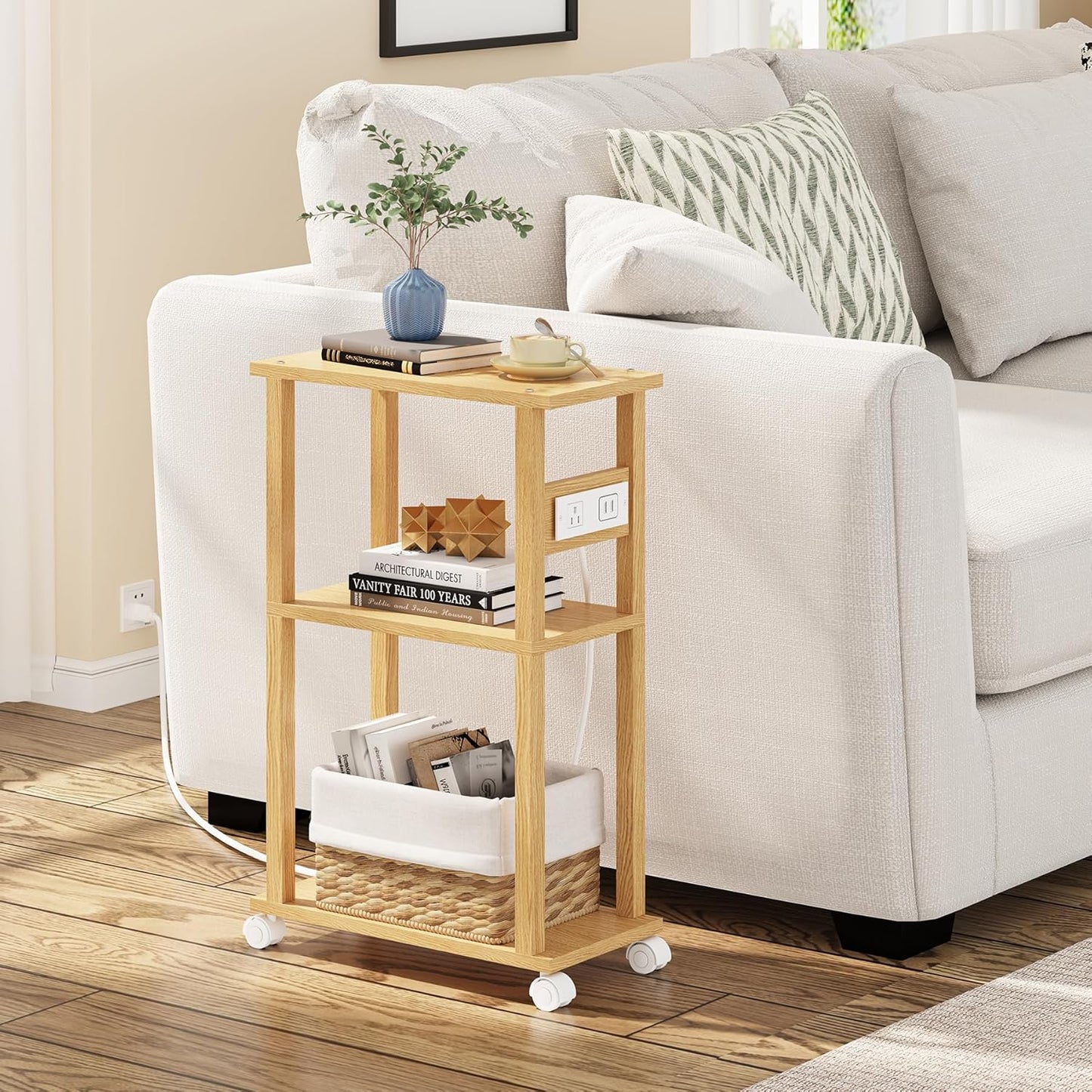 TUTOTAK Small Narrow Side Table with Charging Station, Skinny End Table for Small Spaces, Slim Nightstand with USB Ports and Outlet, Sofa Beside Table with Wheels, Natural TB01BN046