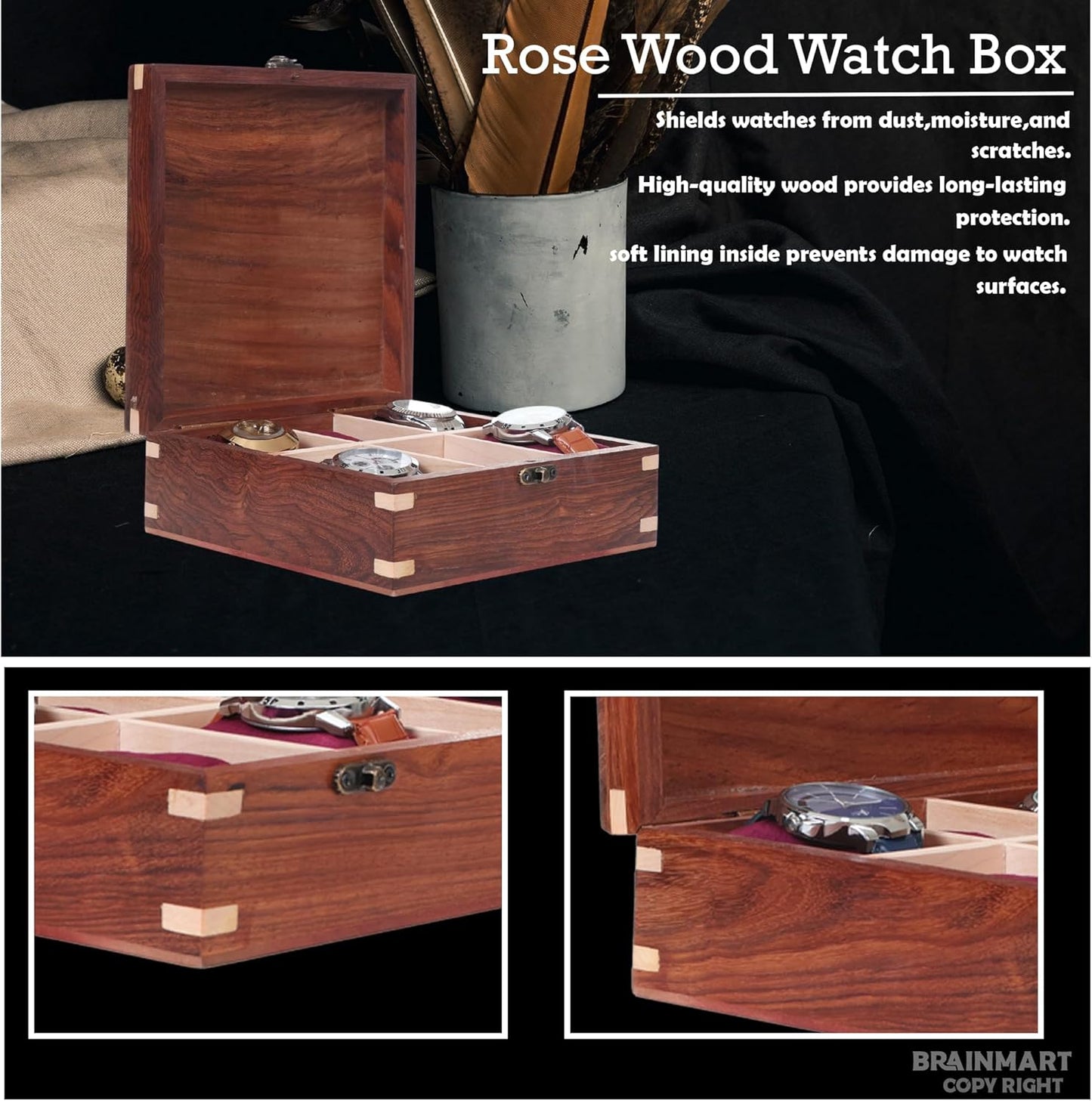 Wooden Watch Box for Men & Women, Watch Organizer & Display Case, Premium Long-Lasting Watch Holder for Storage, Elegant Gift for Watch Collectors (Wood Top, 6 Slots)