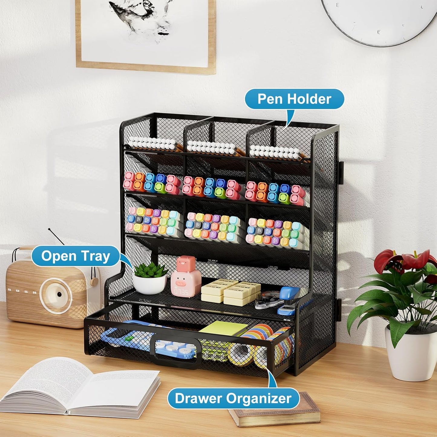 Marbrasse Larger Mesh Desk Organizer with Drawer, Multi-Functional Pen Pencil Holder, Easy Assembly, Desk Organizers and Accessories for Office Art Supplies (Black)