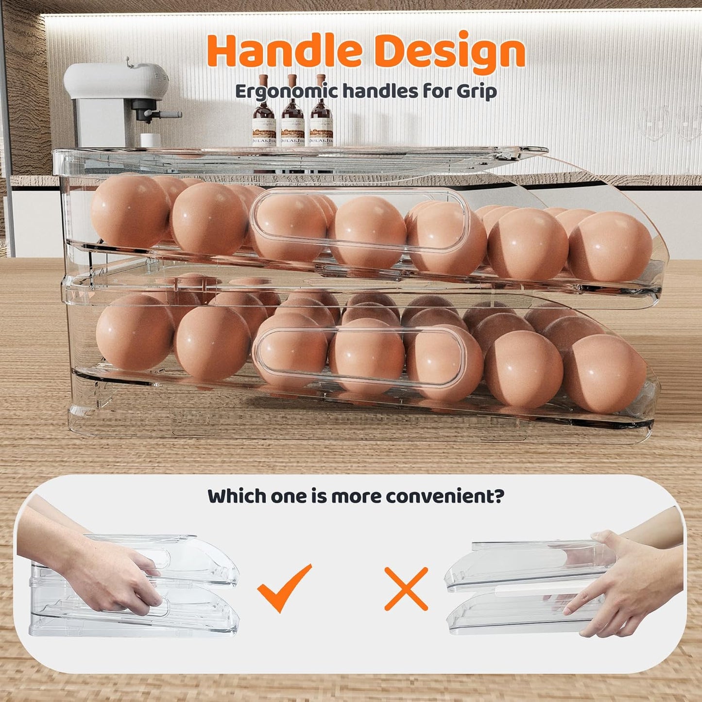 Egg Holder for Fridge, Automatic Steady Rolling Egg Dispenser with Silicone Bumpers & Handle for Refrigerator, Large Capacity Egg Organizer with Lid