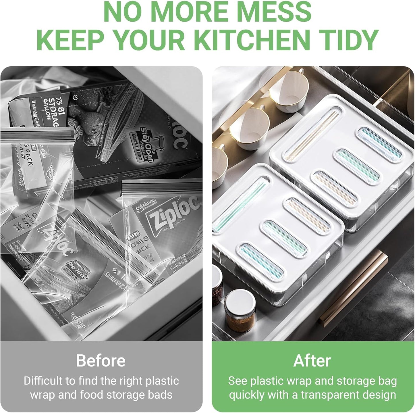 Food Storage Bag Organizer, 4 in 1 Plastic Ziplock Bag Organizer for Kitchen Drawer, Holds Gallon, Quart, Sandwich, Snack & Slider Bags, Wall Mount & Drawer Baggie Organization, BPA Free, Local Stock