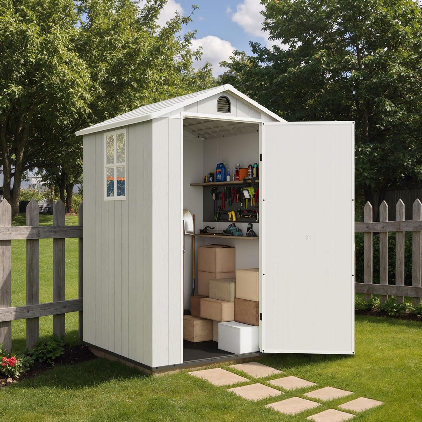 Greesum 4×4FT Plastic Outdoor Storage Shed with Floor, Resin Storaged Sheds with Lockable Door, Window & Vent, All-Weather Tool Sheds for Garden, Backyard, Patio, Light Gray (One-Piece Panel)