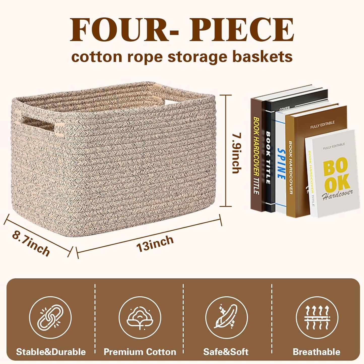 Storage Baskets for Organizing, 4 Pack Storage Baskets for Shelves, Woven Basket for Shelves, Closet Organization, Rectangle Organizer Basket Gifts Empty, 13"Lx8.7"Wx7.9"H Decorative Bins with Handles