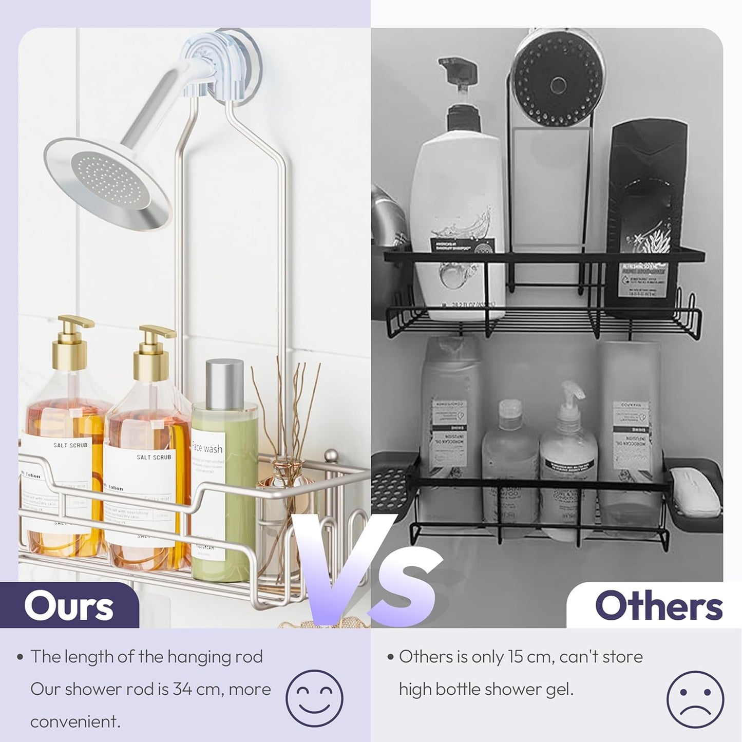 SWTYMIKI Bathroom Shower Caddy Hanging - Extended Length 2 Tier Rustproof Over Shower Head Organizer, No Drilling Bathroom Shelf with 14 Hooks & Soap Holder, Anti-Swing Rack, Sand Nickel