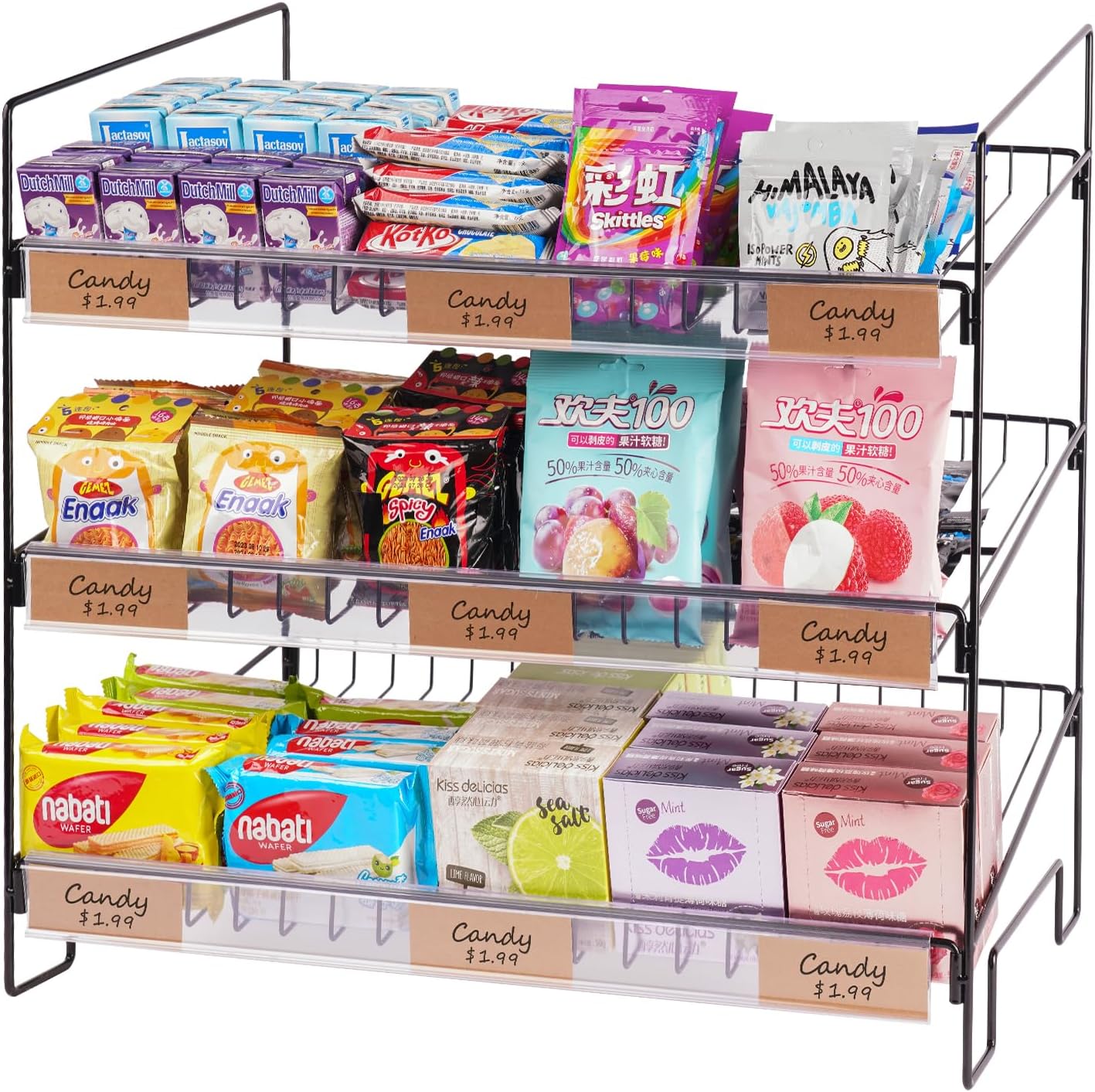 WWN Black 3-Tier Candy Display Rack 24 * 23 * 14inch Versatile Chip and Snack Stand for Countertop Retail, Concession Stands, and Supermarkets