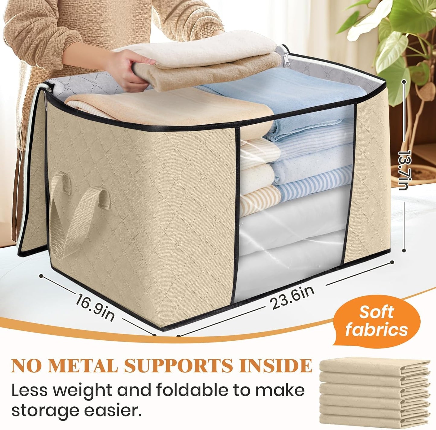 Fab totes 24 Gallons Clothes Storage, Foldable Thick Fabric Blanket Storage Bags, Containers for Organizing Bedroom, Closet, Clothing, Comforter, Organization with Handle (3 Pack,Beige)