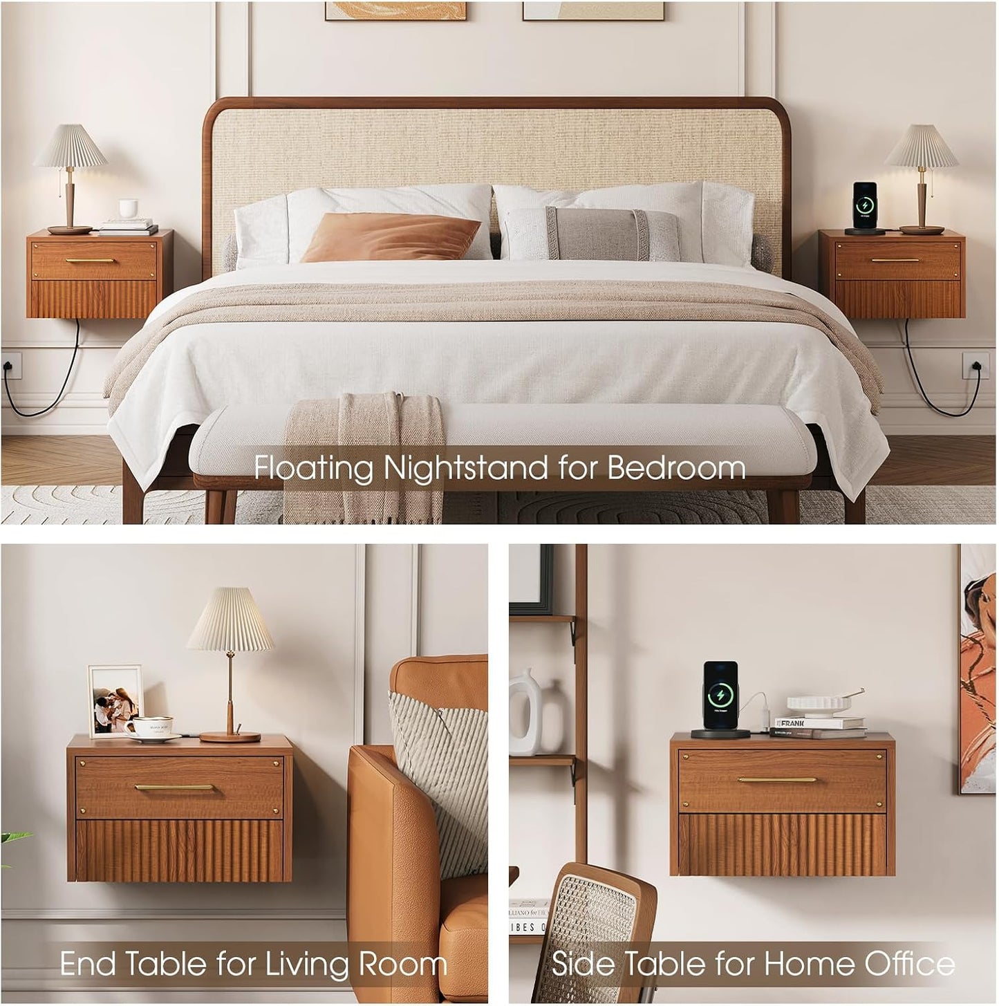Floating Nightstand Set of 2, Mid Century Modern Wall Mounted Bedside Table with Charging Station, Fluted End Table with Storage Drawers for Bedroom, Home Small Space, Cherry, 2 PCS