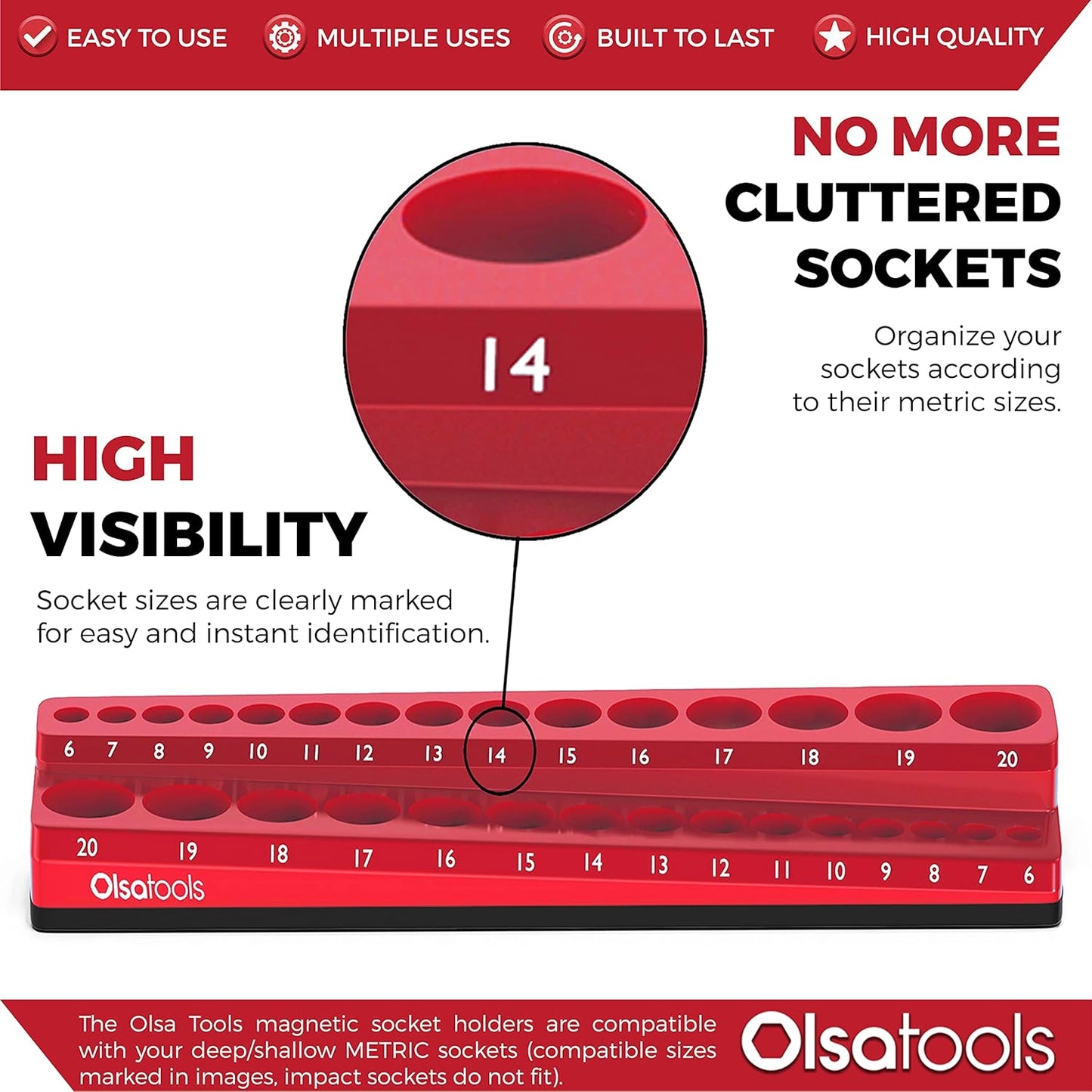 Olsa Tools Magnetic Socket Holder | 3/8-inch Drive | Metric | Red | Holds 30 Sockets | Professional Quality Tools Organizer