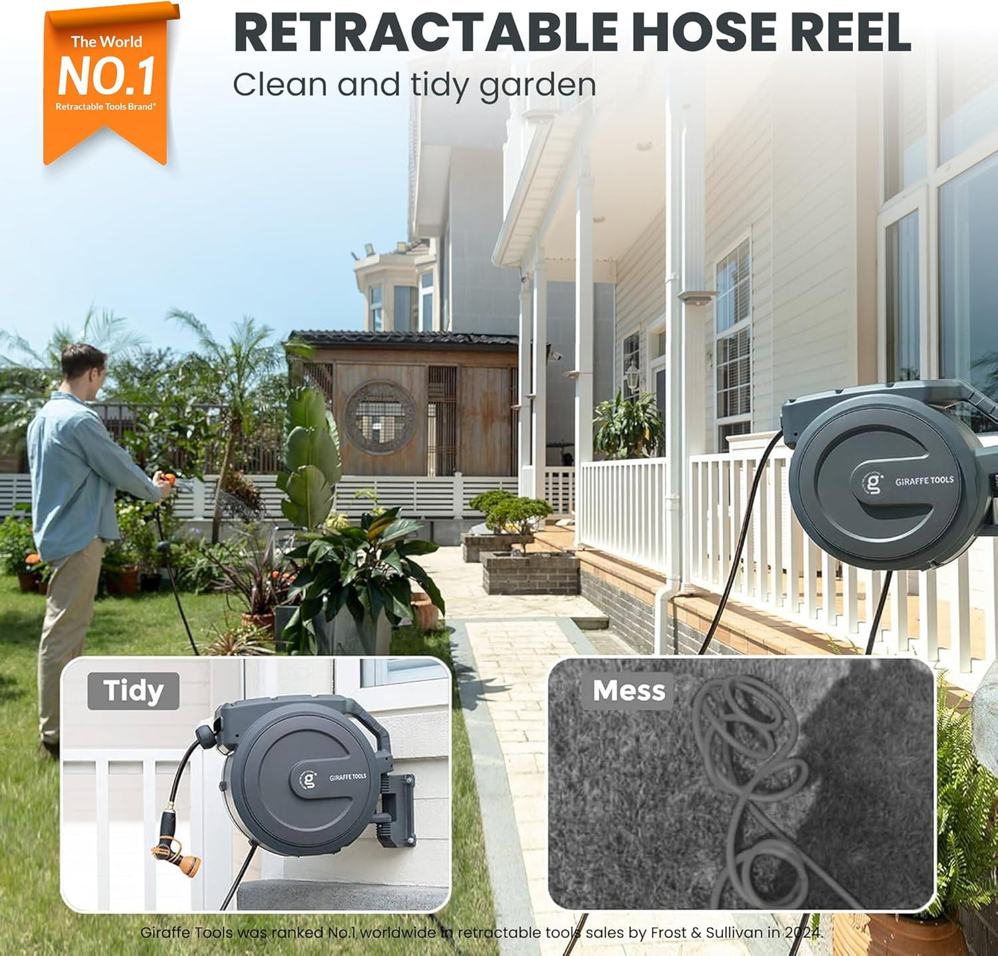 Giraffe Tools Retractable Hose Reel 1/2 in x130 FT PRO Metal Bracket Wall Mounted Heavy Duty Hose Reel with 9 Pattern Nozzle 180 Deg Swivel, Metal Bracket Any Length Lock (1/2 130FT PRO, Dark Grey)