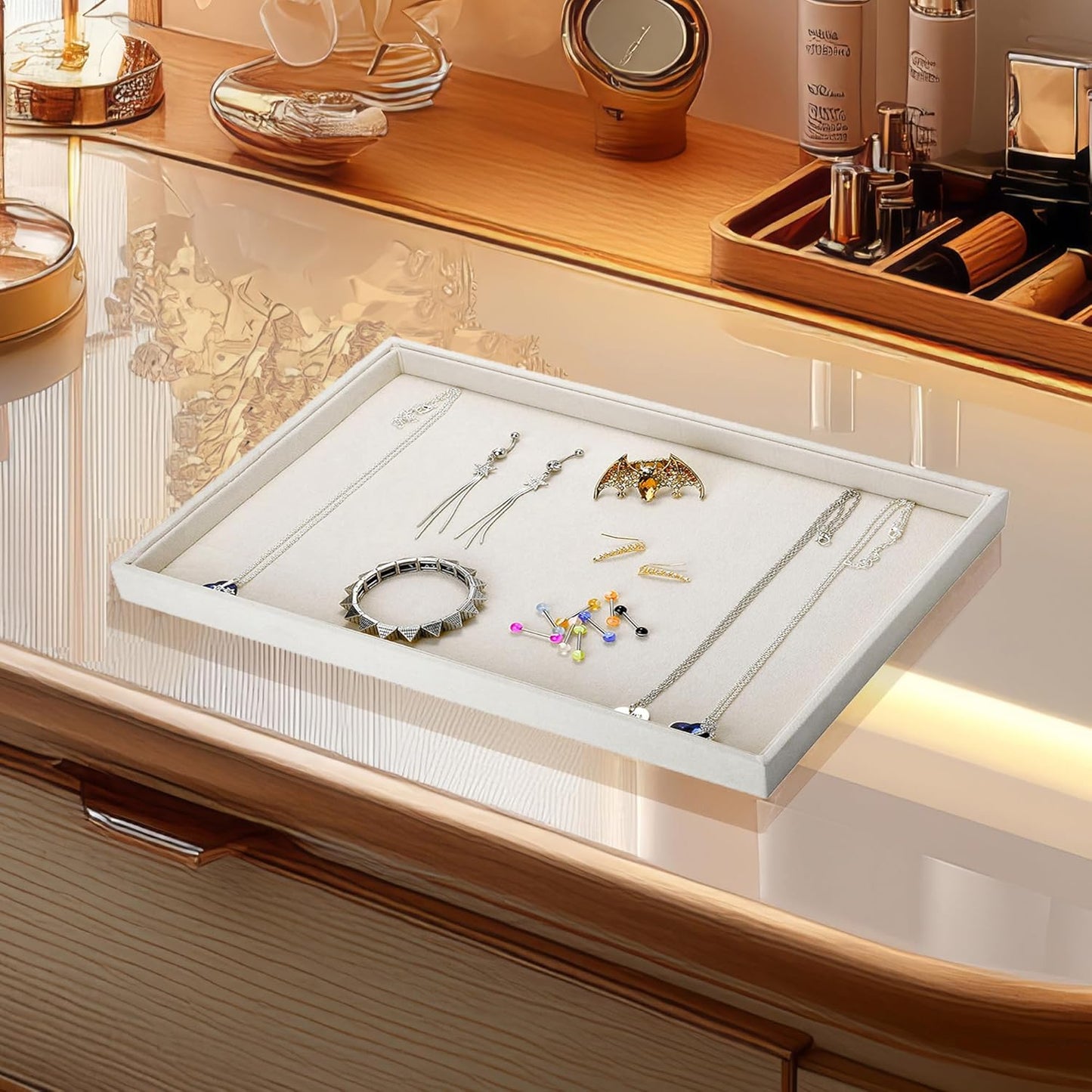 Mornajina 13.8" x 9.5" Velvet Jewelry Tray Jewelry Display Tray Flat Tray, Stackable Empty Plate Trays for Earrings Necklaces Bracelet Rings Display Showcase - Beige