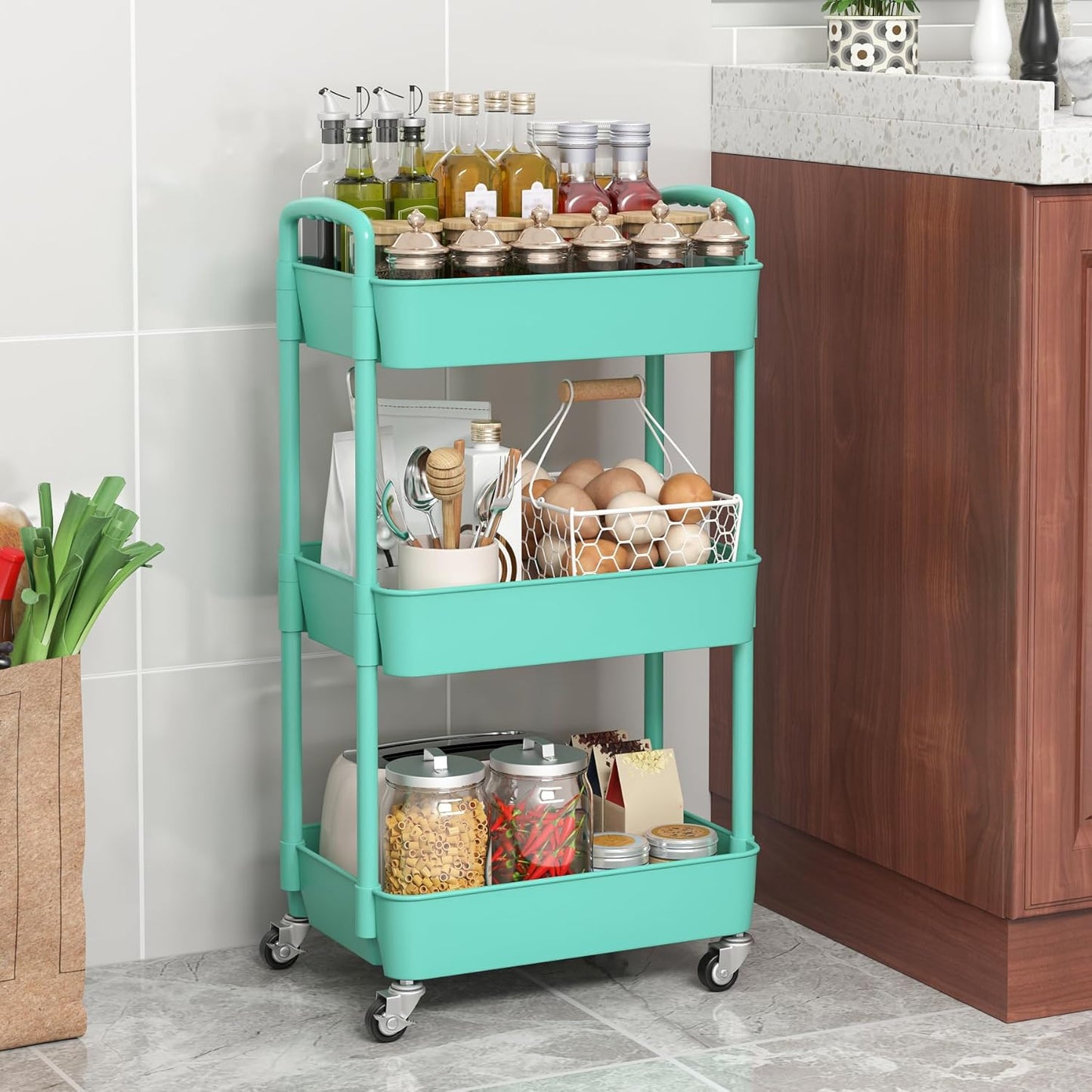 Sywhitta 3-Tier Plastic Rolling Utility Cart with Handle, Multi-Functional Storage Trolley for Office, Living Room, Kitchen, Movable Storage Organizer with Wheels, Green