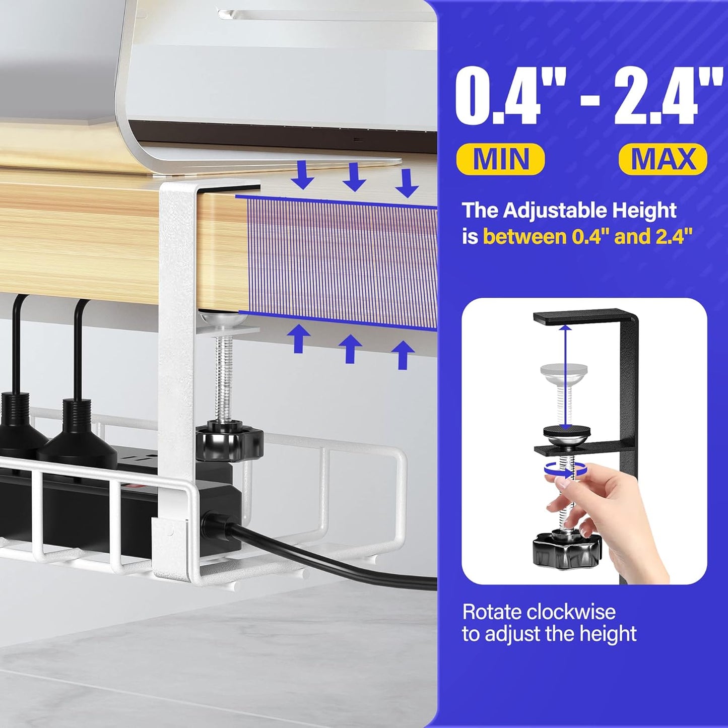 Under Desk Cable Management Tray, Xpatee Upgraded Wire Management No Drill No Screws, Cable Tray with Clamp for Wire Organizers, Computer Cord Rack for Office, Home - No Damage to Desk White
