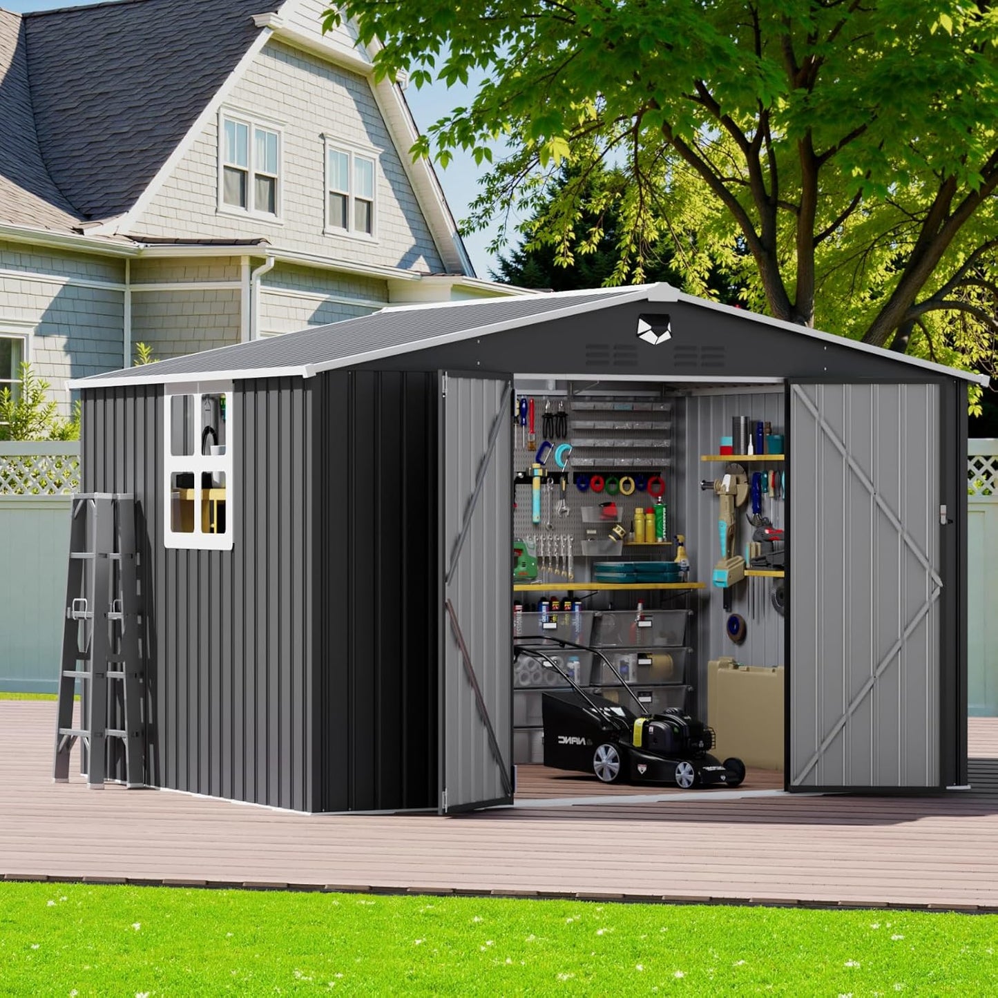10x8 FT Outdoor Storage Shed, Metal Garden Shed - Tool Storage Sheds with Lockable Doors & 1 Clear Window, Waterproof Outside Storage Building for Backyard, Patio (Black; Floor Not Included)