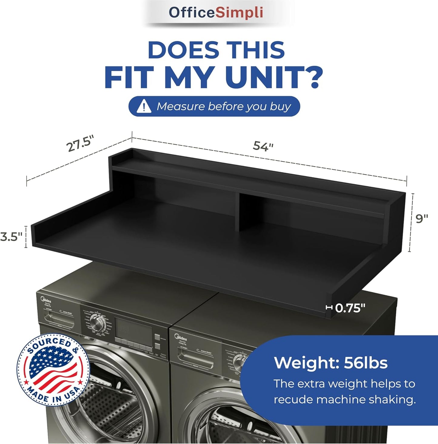 OfficeSimpli Washer Dryer Countertop with Shelf - 27.5 x 54 Inch - Made in USA Laundry Countertop Over Washer and Dryer with Non-Slip Pads, Storage Shelf, Laundry Topper Organizer, Black
