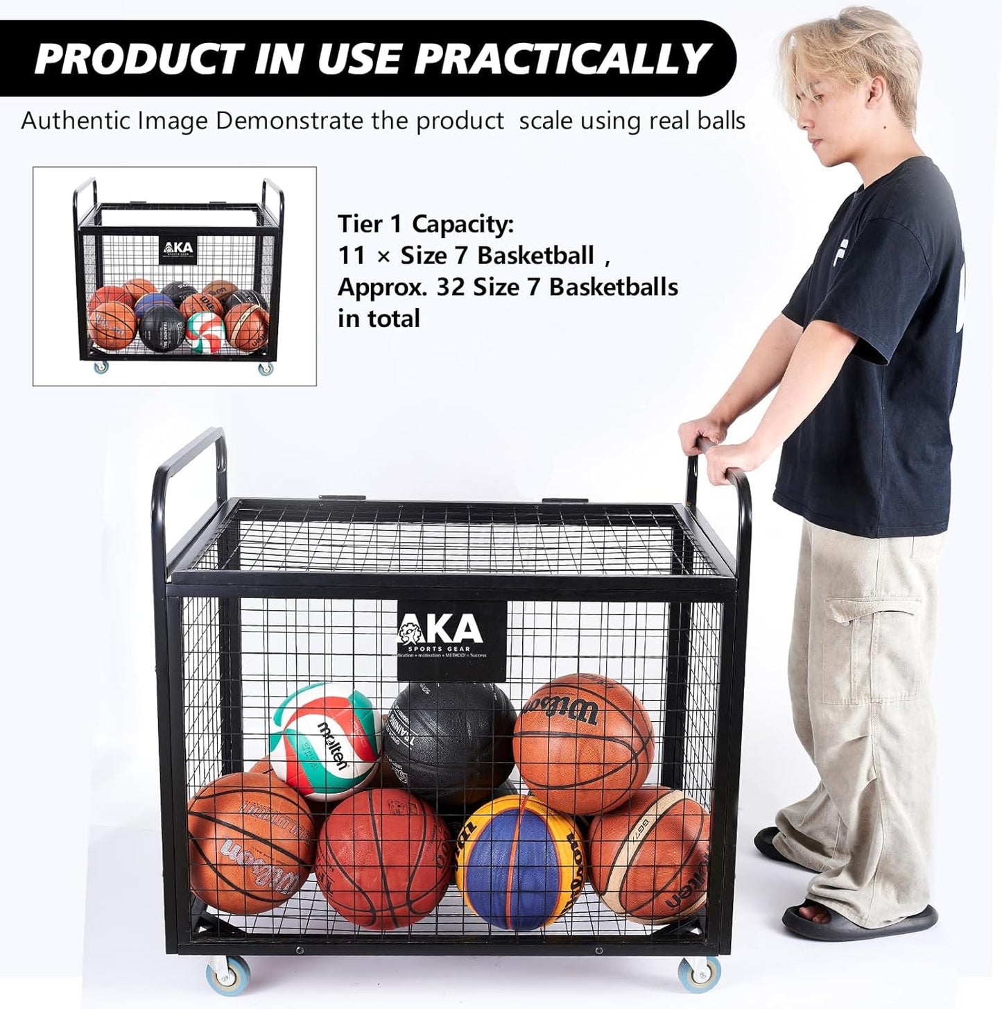 AKA Sports Ball Equpment Cart | Ball Storage for Soccer, Volleyball, Football | Ball Organizer | Ball Rack with Wheels