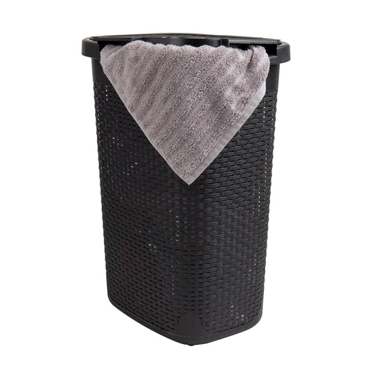 Mind Reader 60L Slim Laundry Hamper, Clothes Basket, Lid, Wicker Design, Plastic, 17.65"L x 13.75"W x 24.15"H, Black