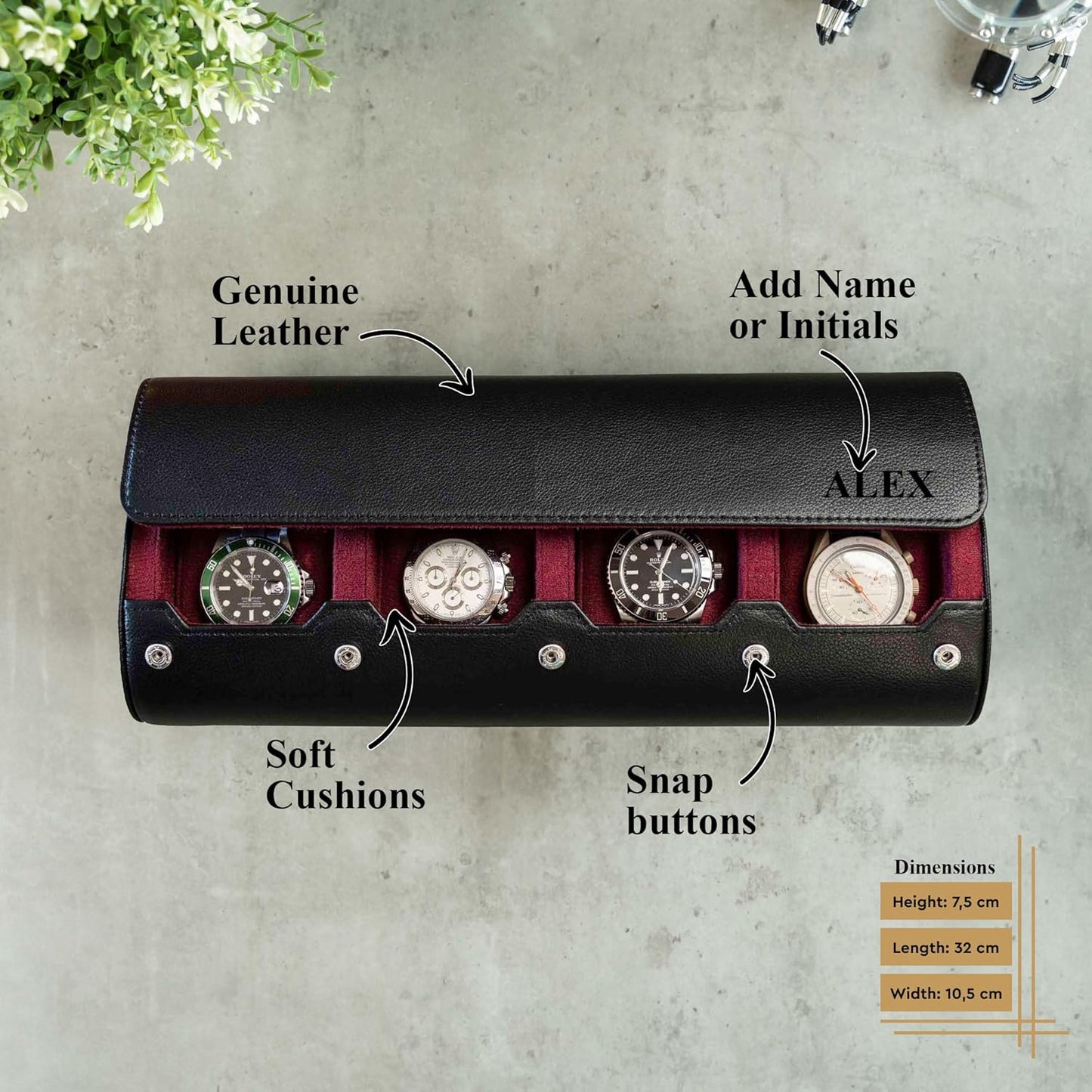 DailyWatch | Personalized Watch Roll Travel Case For 4 Watches - Handmade Genuine Leather Travel Case With Custom Engraving of Name or Initials - Black Cherry
