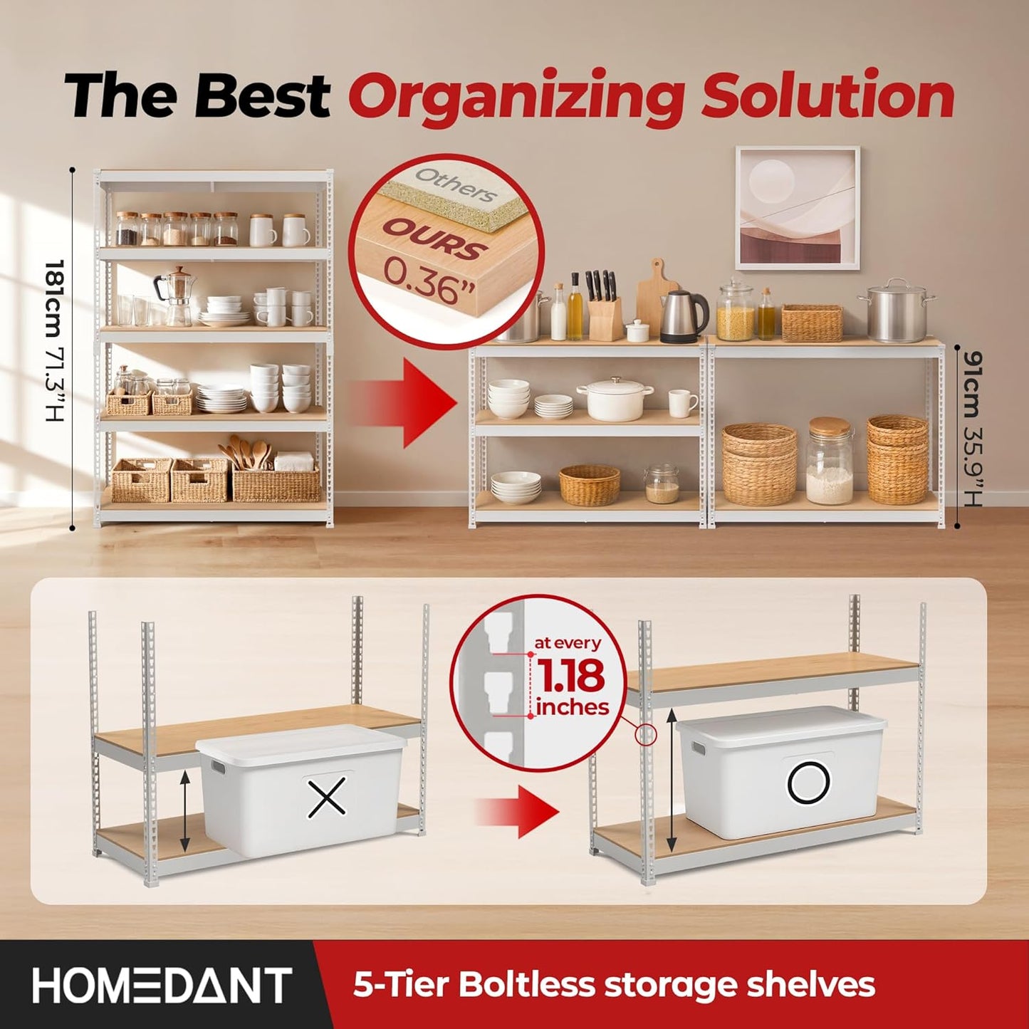 HOMEDANT 5 Tier Storage Shelves Adjustable Laminated Boltless Garage Metal Shelving Unit Heavy Duty Utility Rack Shelf Warehouse Pantry Closet Kitchen (3, (L) 48.1" W, White)