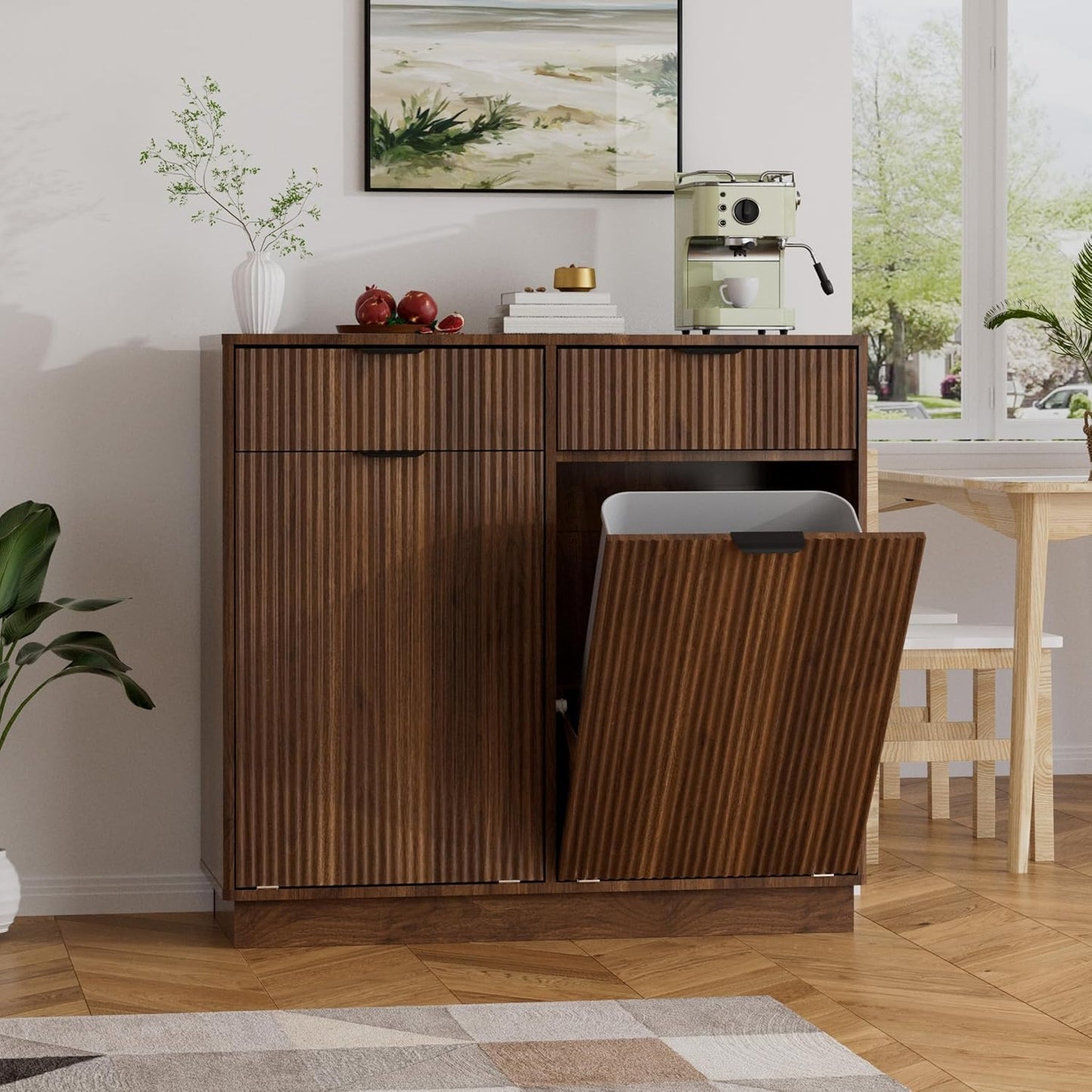 Double Tilt-Out Trash Cabinet, Laundry Hamper Cabinet with 2 Drawers, 39.4W x 34.3H x 13.8D inches, Walnut, Wave-Textured Front.