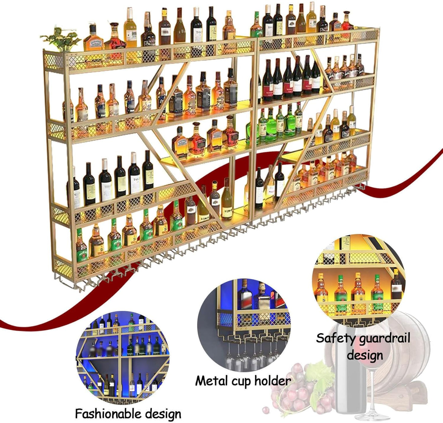63in Wall Mounted Wine Rack, Large Metal Wine Bottle Holder,3 Tier Modern Fashion Diamond Shaped Floating Bar Unit Wine Storage Shelves, for Home Restaurant Bars Decor (Black, 3 Tier - 63in)
