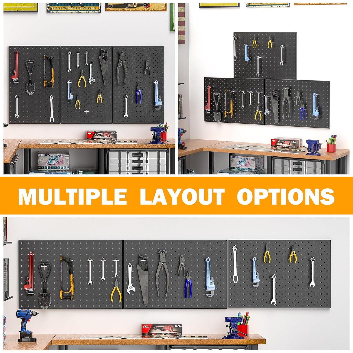 Pegboard Smith Metal Pegboard Panels, 16" x 12" Heavy-Duty Wall Peg Boards for Garage Tool Storage, Pegboard Organizer System (Pack of 3, Black)