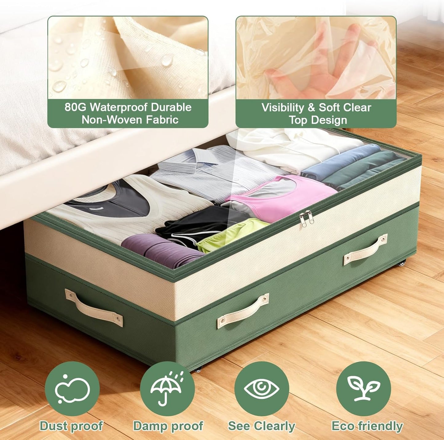 Dolicer 2 Pack Under Bed Storage with Wheels, 6in-10in Height Adjustable Underbed Storage Containers, 92L XXXL Under Bed Drawers Rolling Bin with Clear Lids for Dorm Shoes Clothes Organizers(Green)